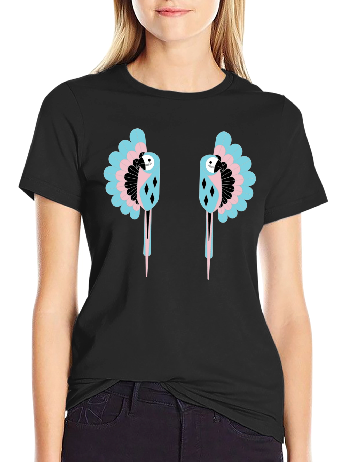 Dual Parrot Graphic Print Black T-Shirt