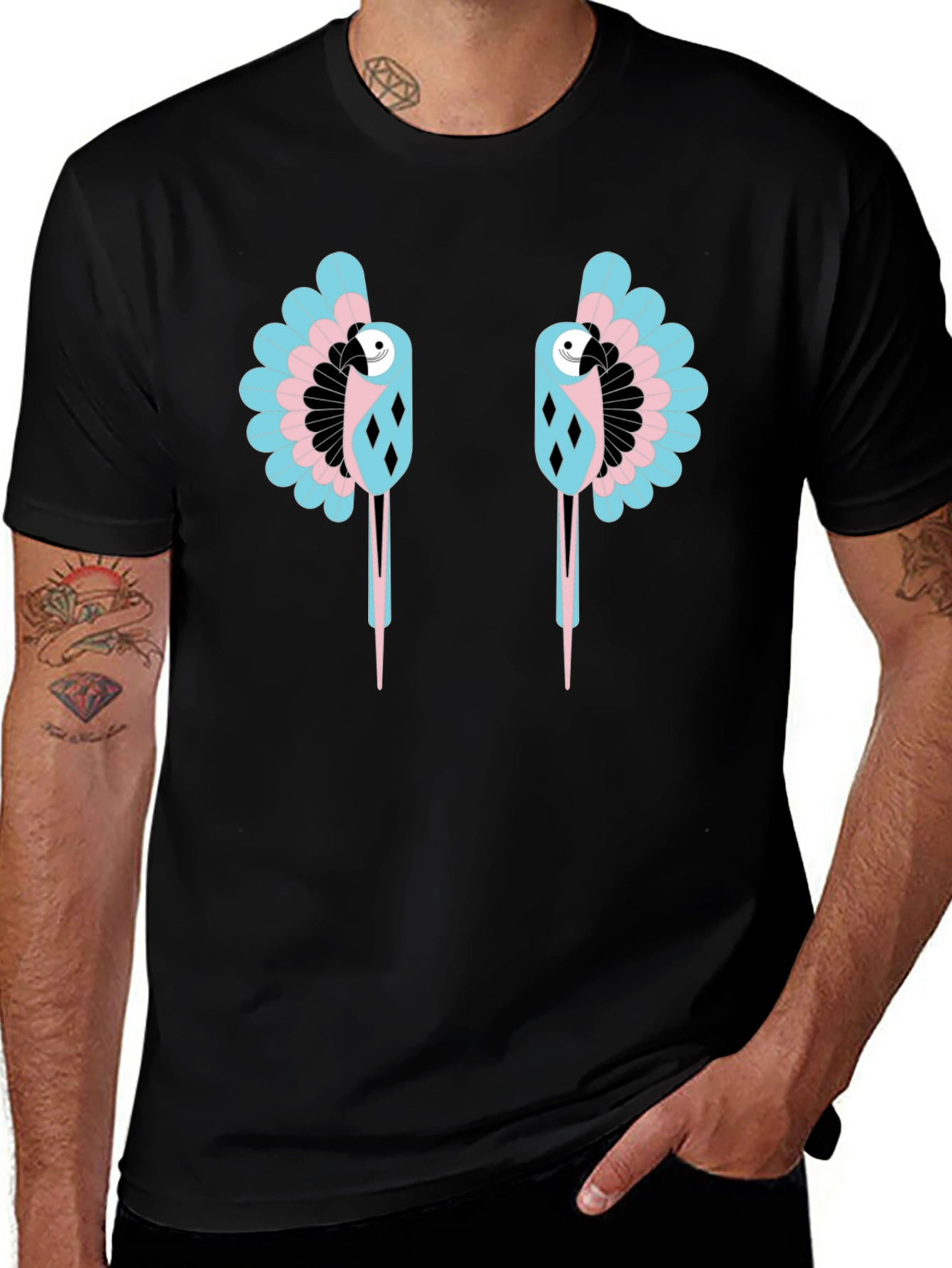 Dual Parrot Graphic Print Black T-Shirt