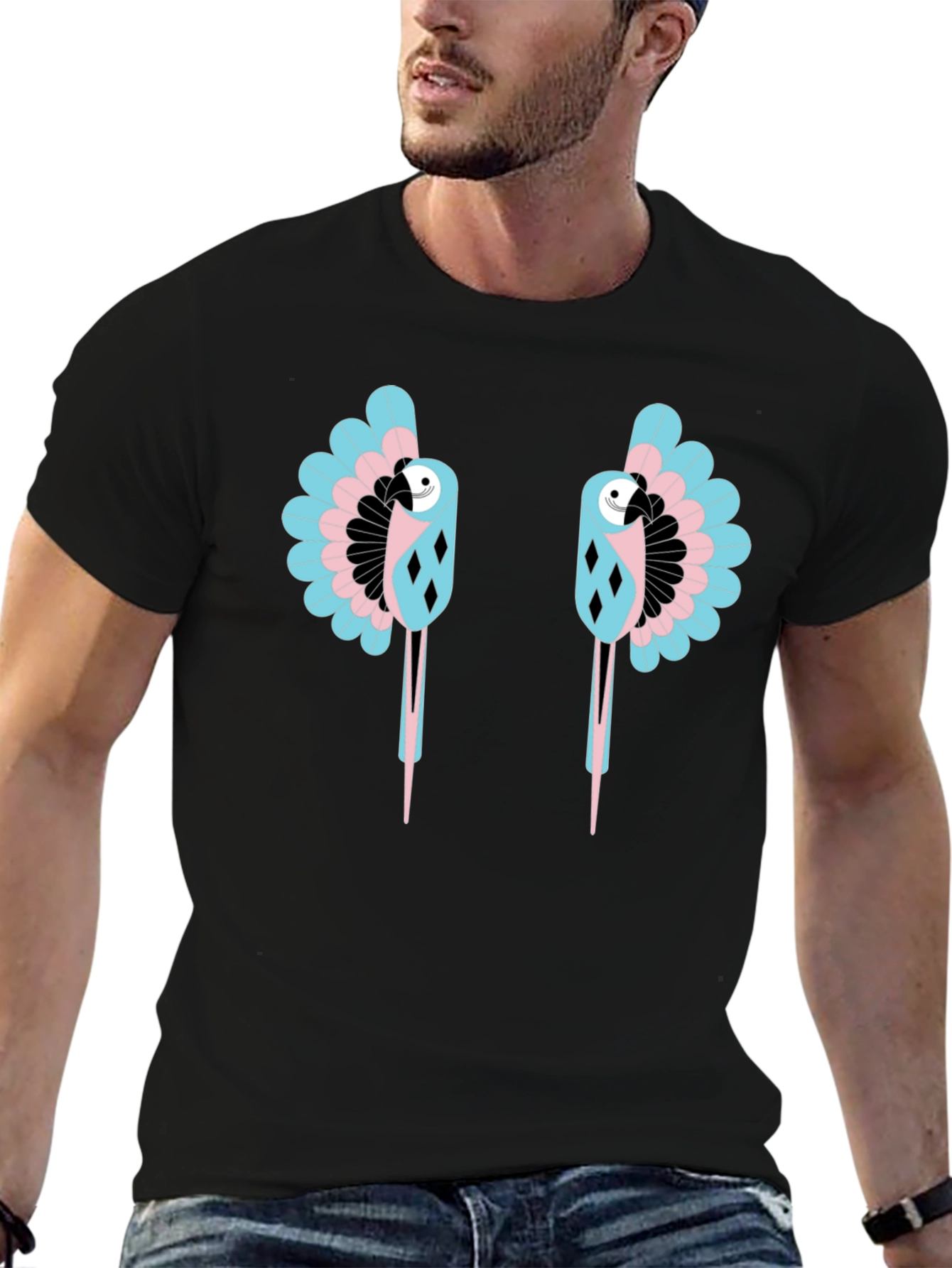 Dual Parrot Graphic Print Black T-Shirt