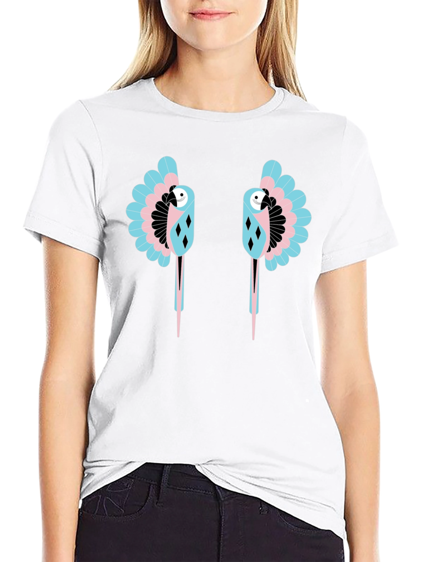 Dual Parrot Graphic Print Black T-Shirt