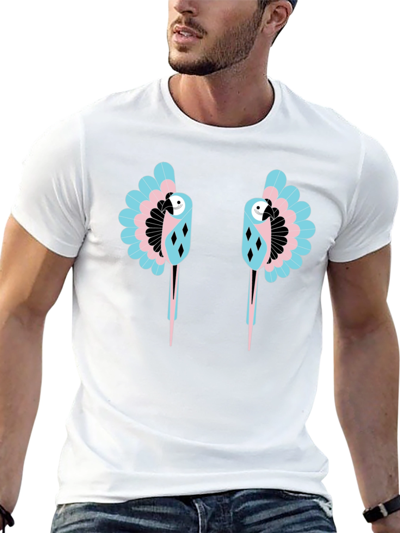 Dual Parrot Graphic Print Black T-Shirt
