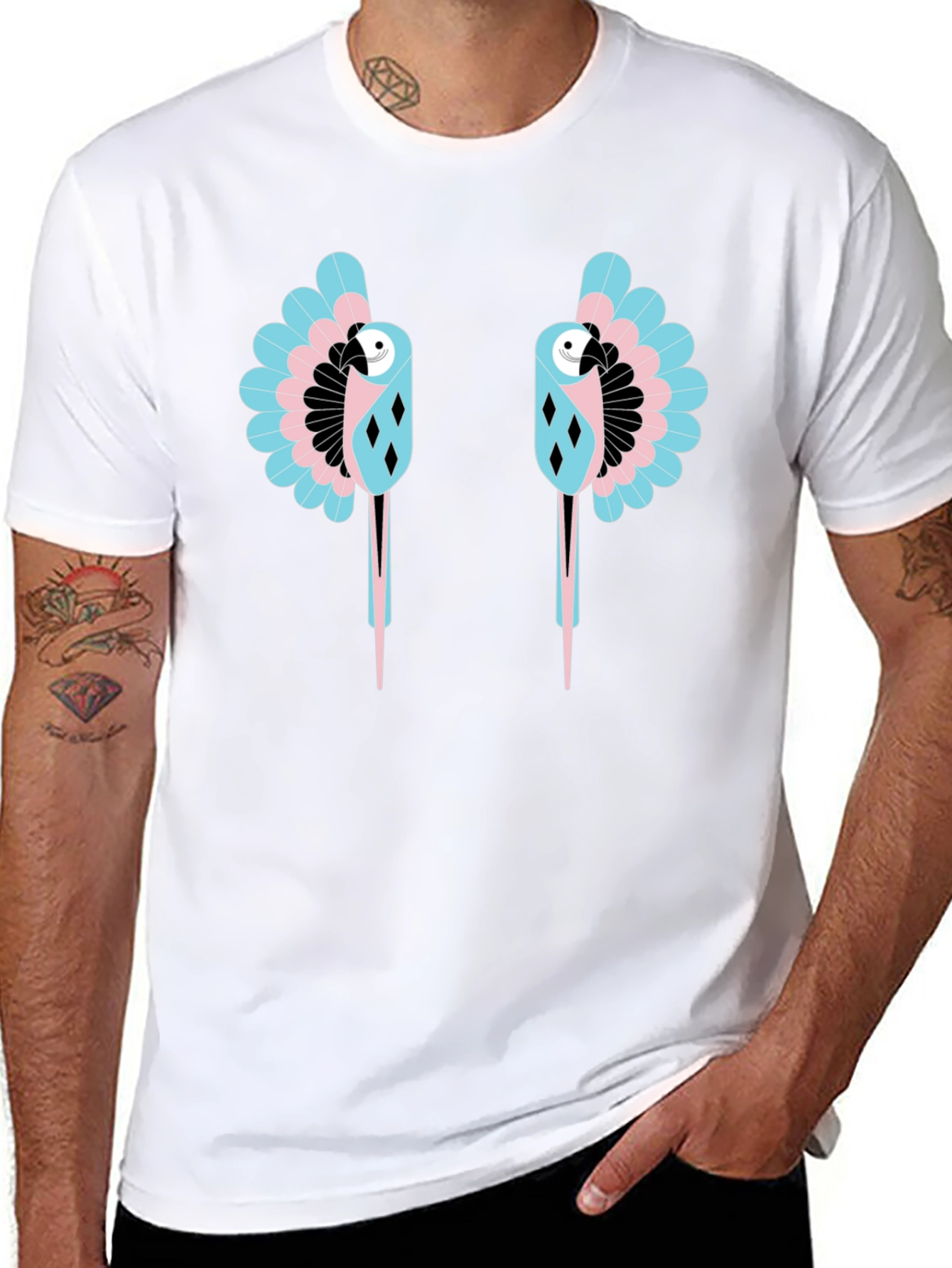 Dual Parrot Graphic Print Black T-Shirt