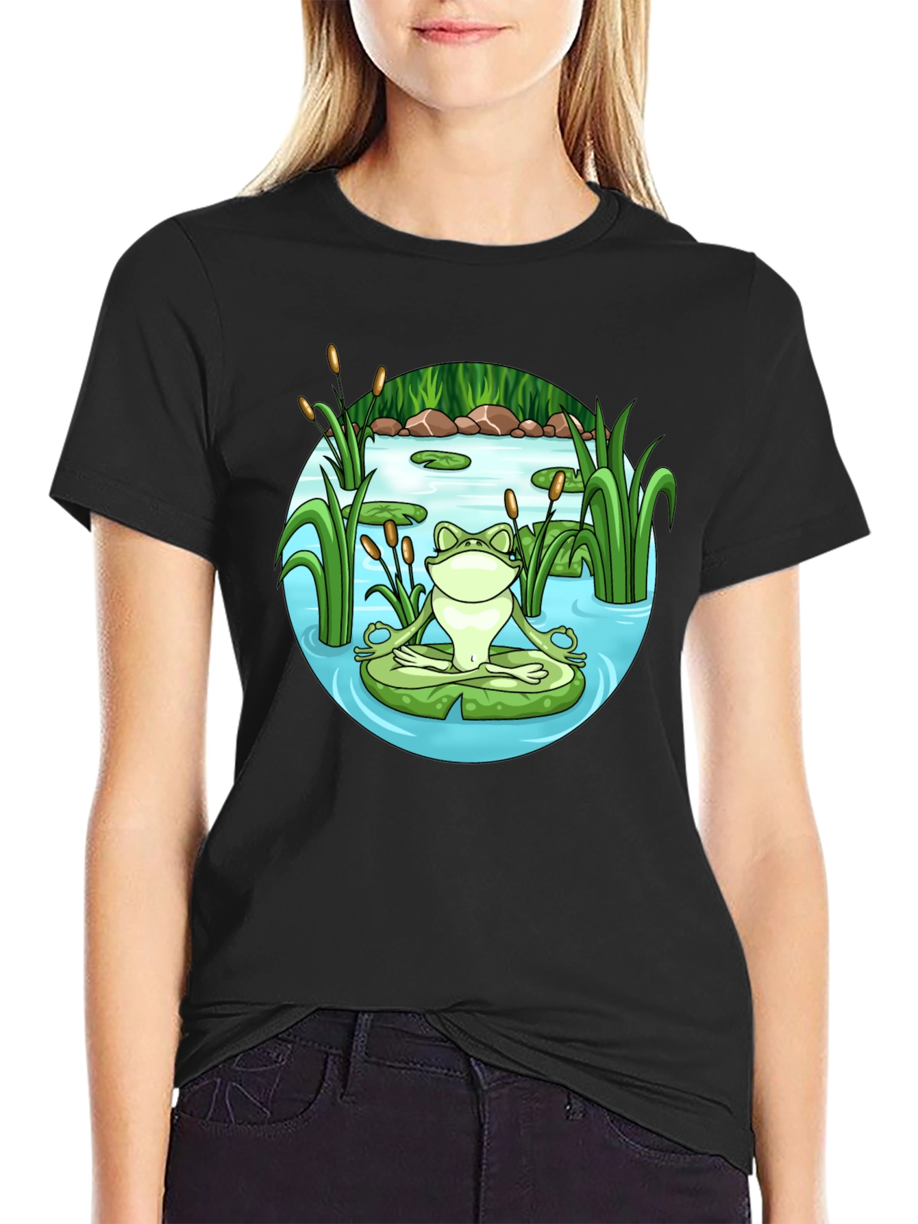 Zen Frog Meditation T-Shirt - Peaceful Pond Design