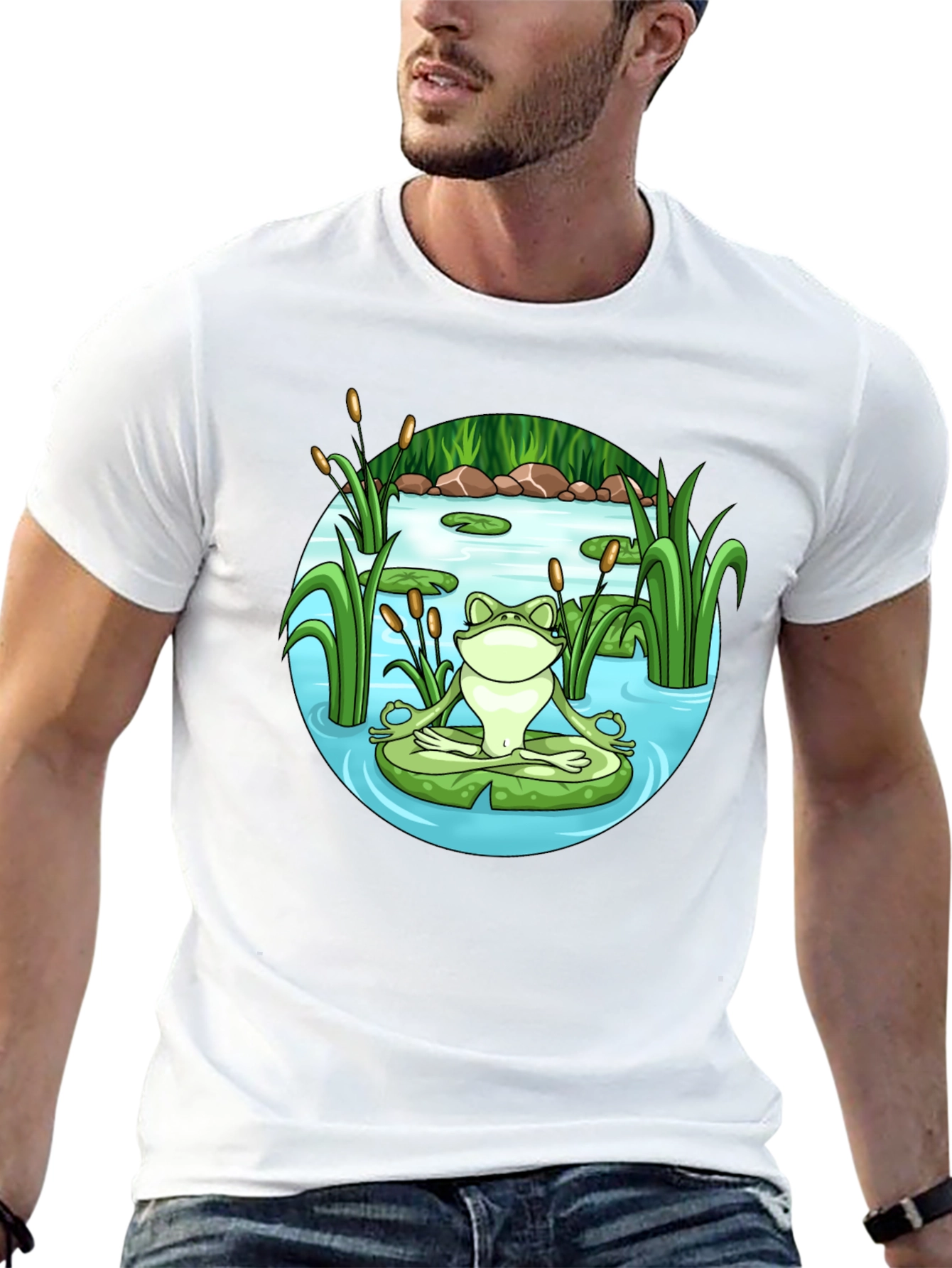 Zen Frog Meditation T-Shirt - Peaceful Pond Design