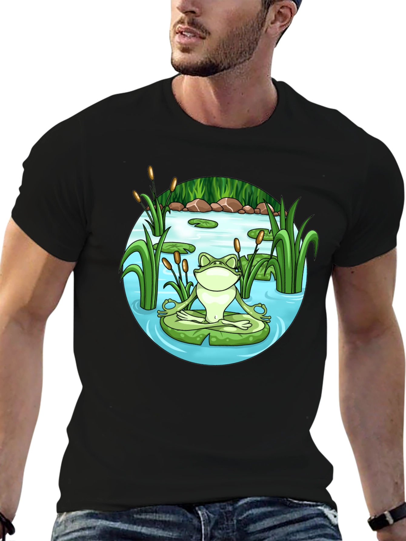 Zen Frog Meditation T-Shirt - Peaceful Pond Design