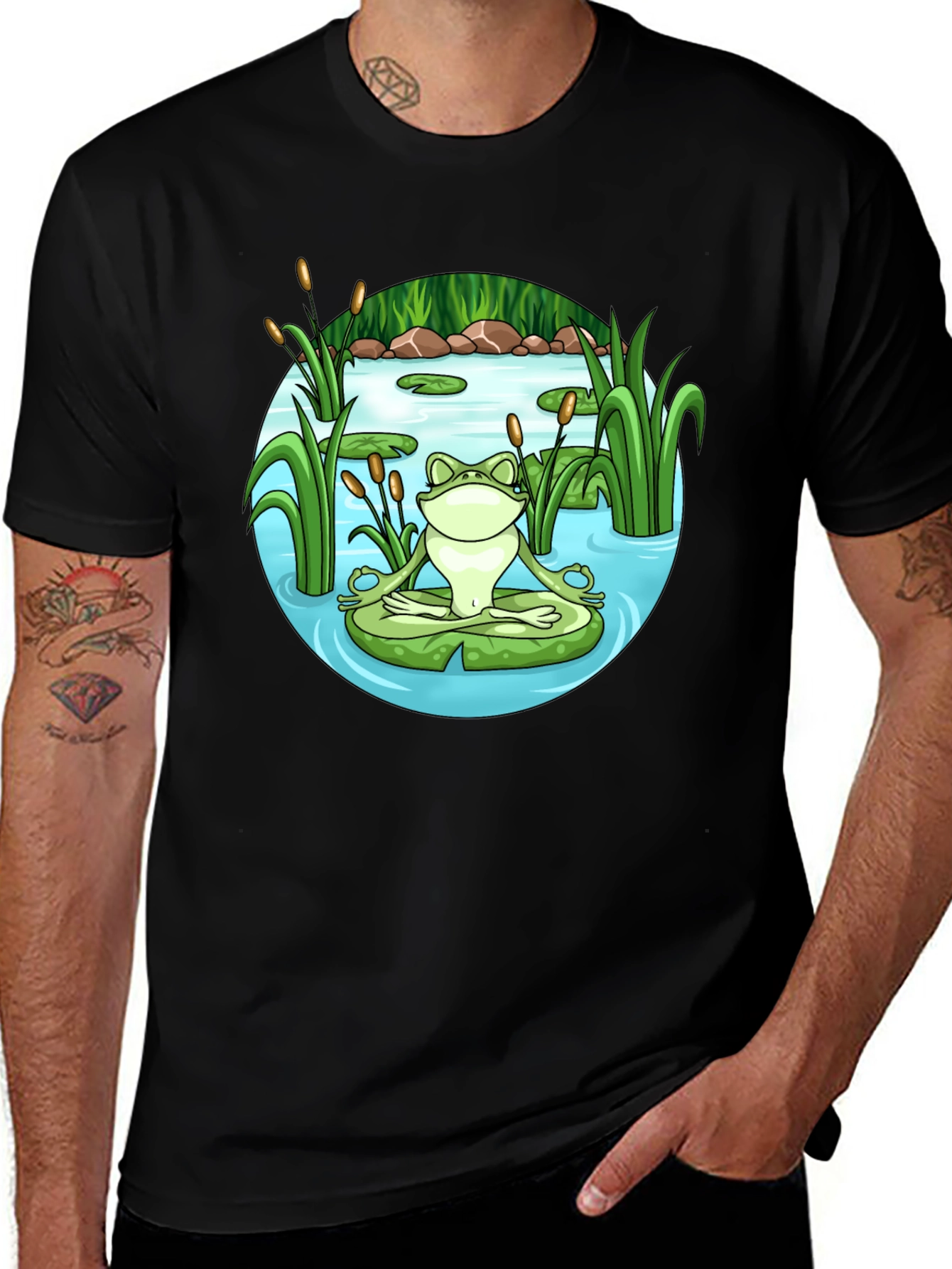 Zen Frog Meditation T-Shirt - Peaceful Pond Design