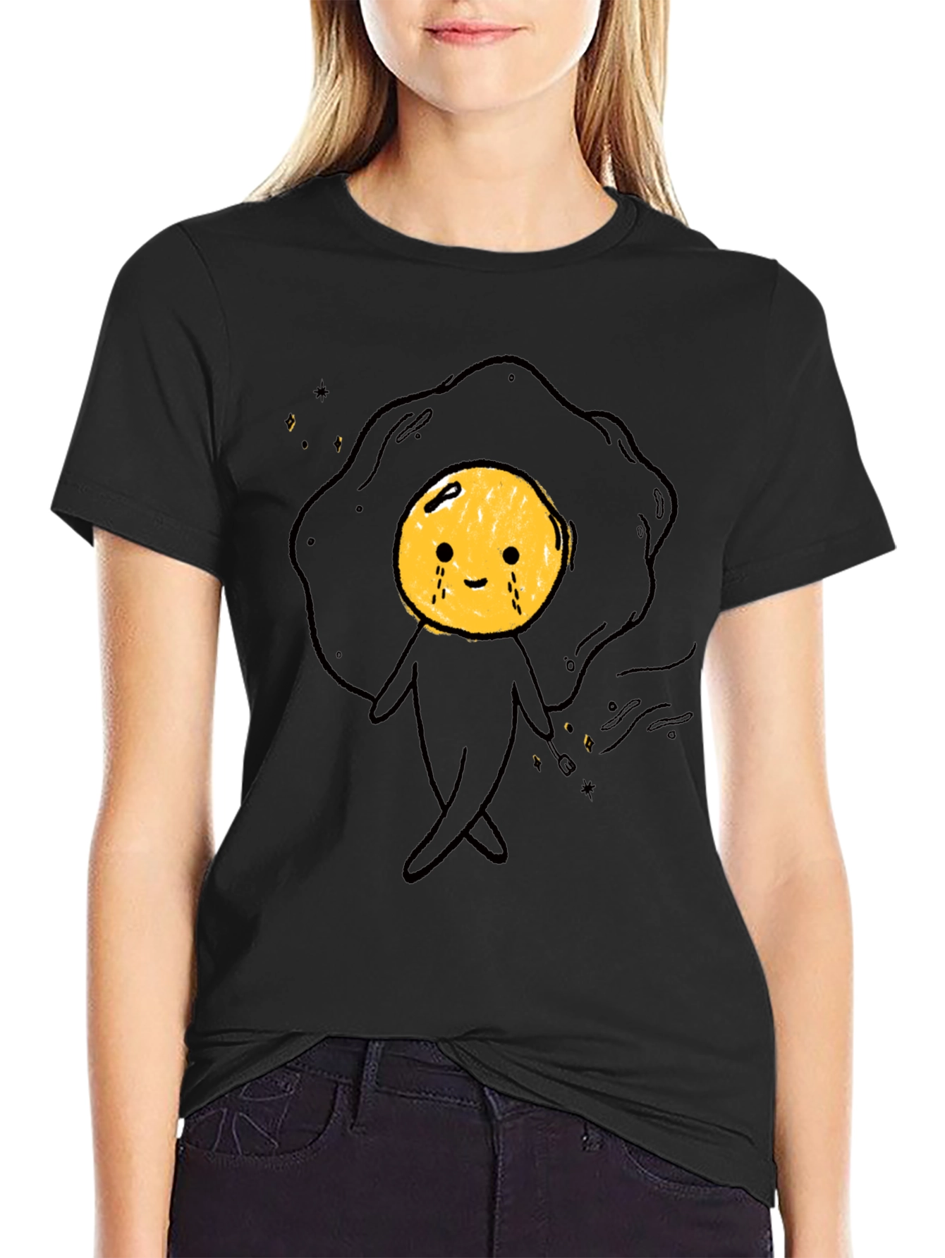 Funny Crying Egg Cartoon Black T-Shirt