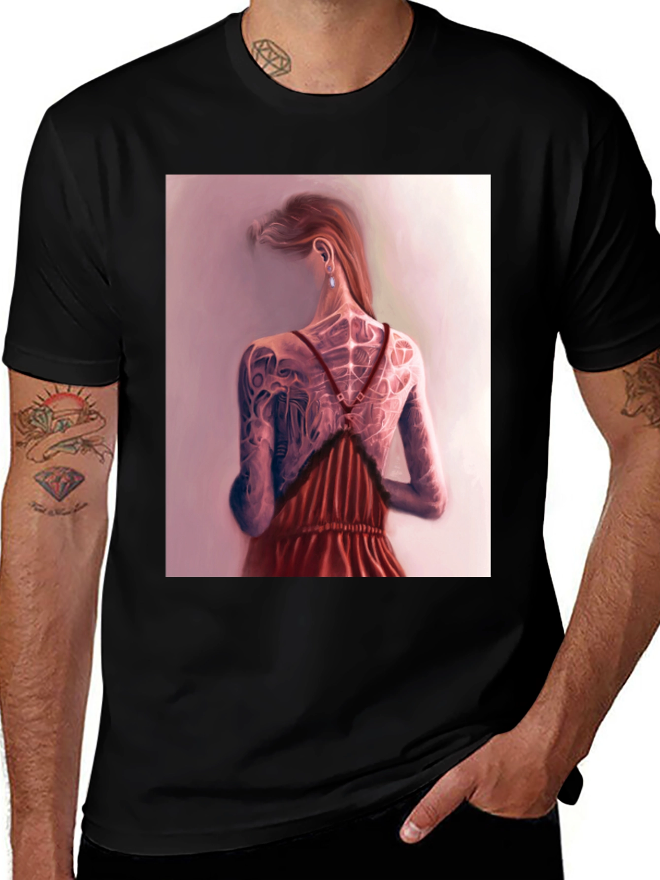 Artistic Tattoo Back Print Black T-Shirt