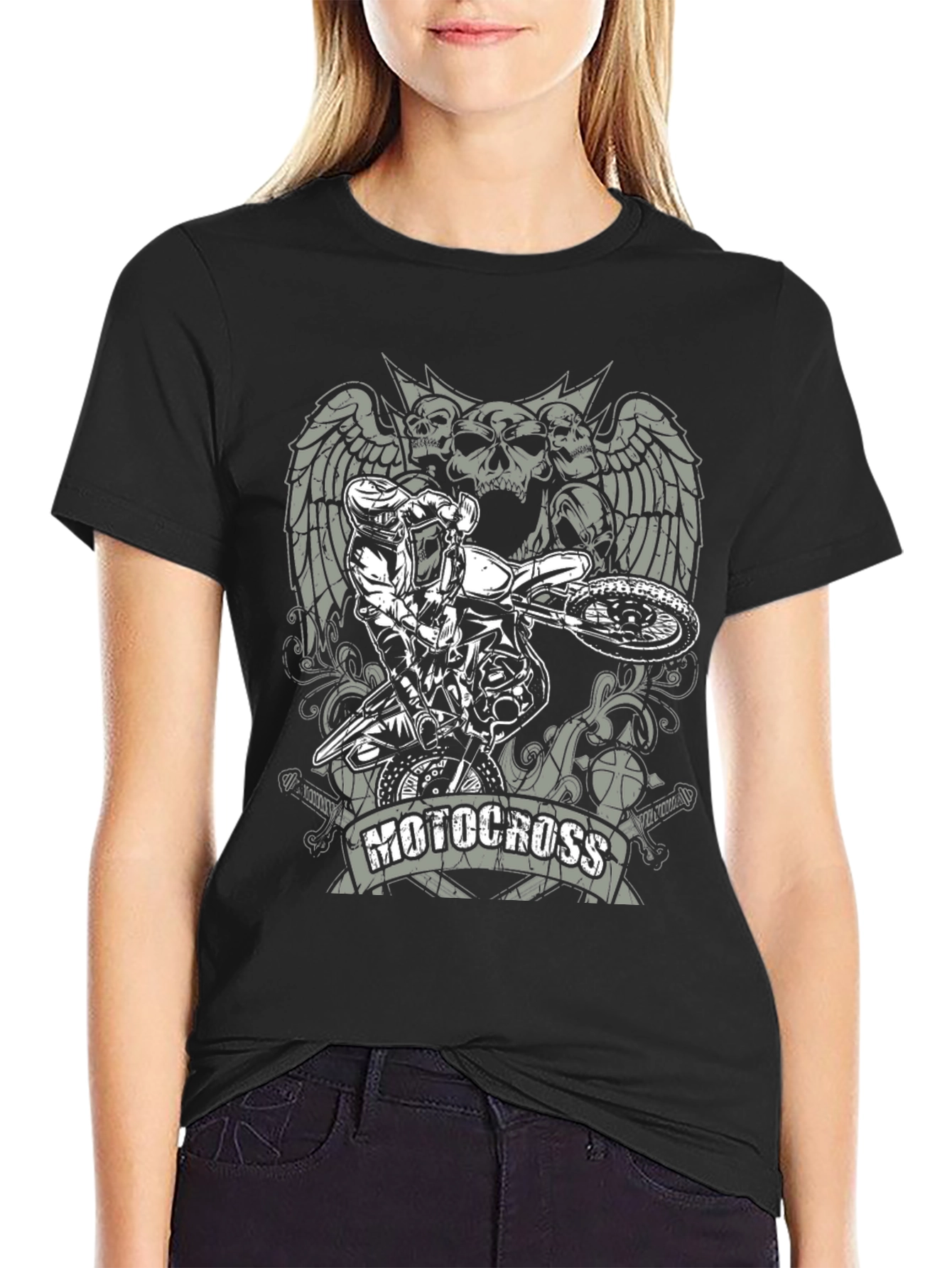Motocross Skull Graphic T-Shirt - Black