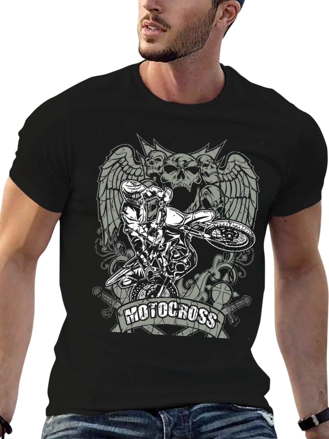 Motocross Skull Graphic T-Shirt - Black