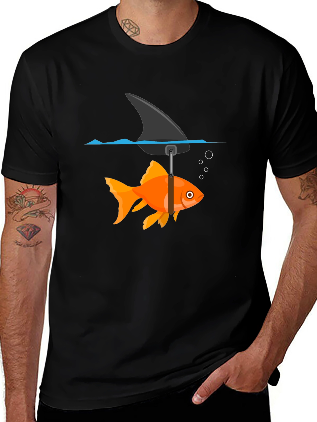 Funny Goldfish Shark Fin Black T-Shirt