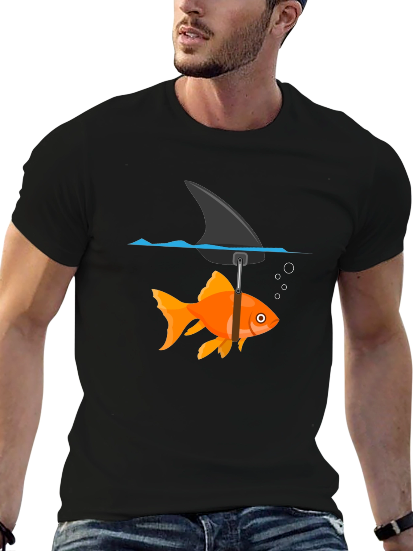 Funny Goldfish Shark Fin Black T-Shirt