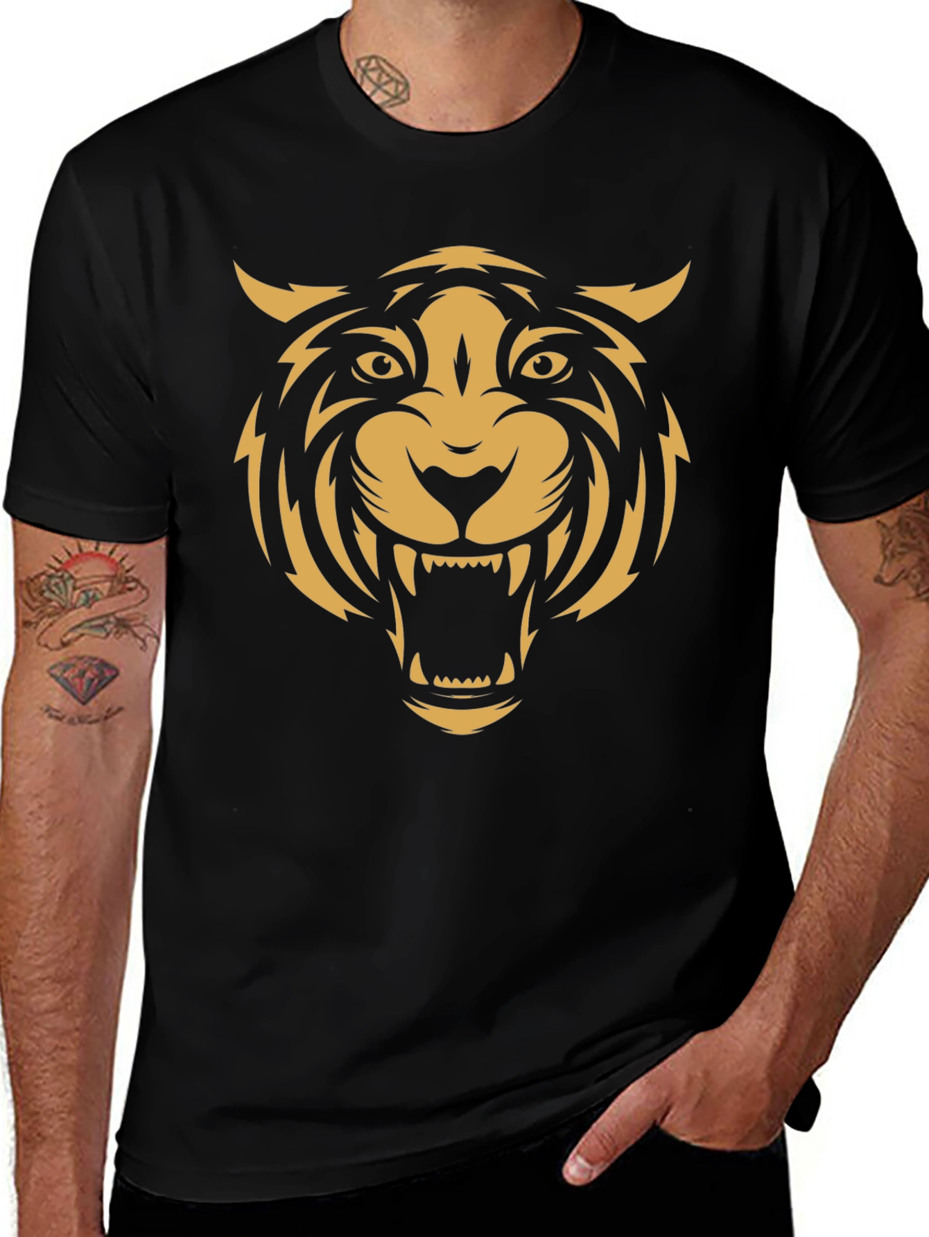 Mens Black T-Shirt with Bold Tiger Graphic