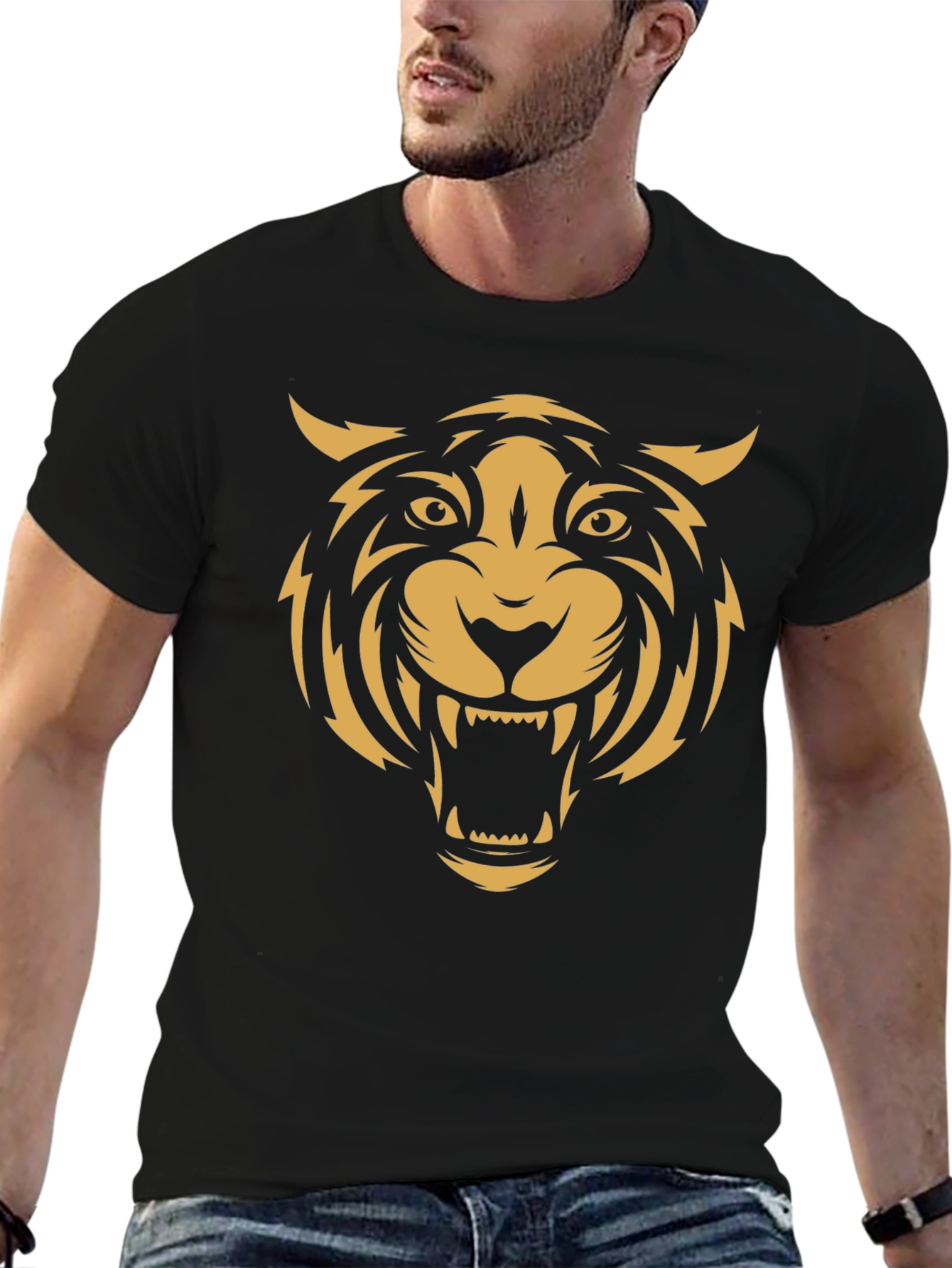 Mens Black T-Shirt with Bold Tiger Graphic
