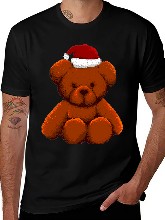 Pixelated Teddy Bear in Santa Hat Graphic Tee