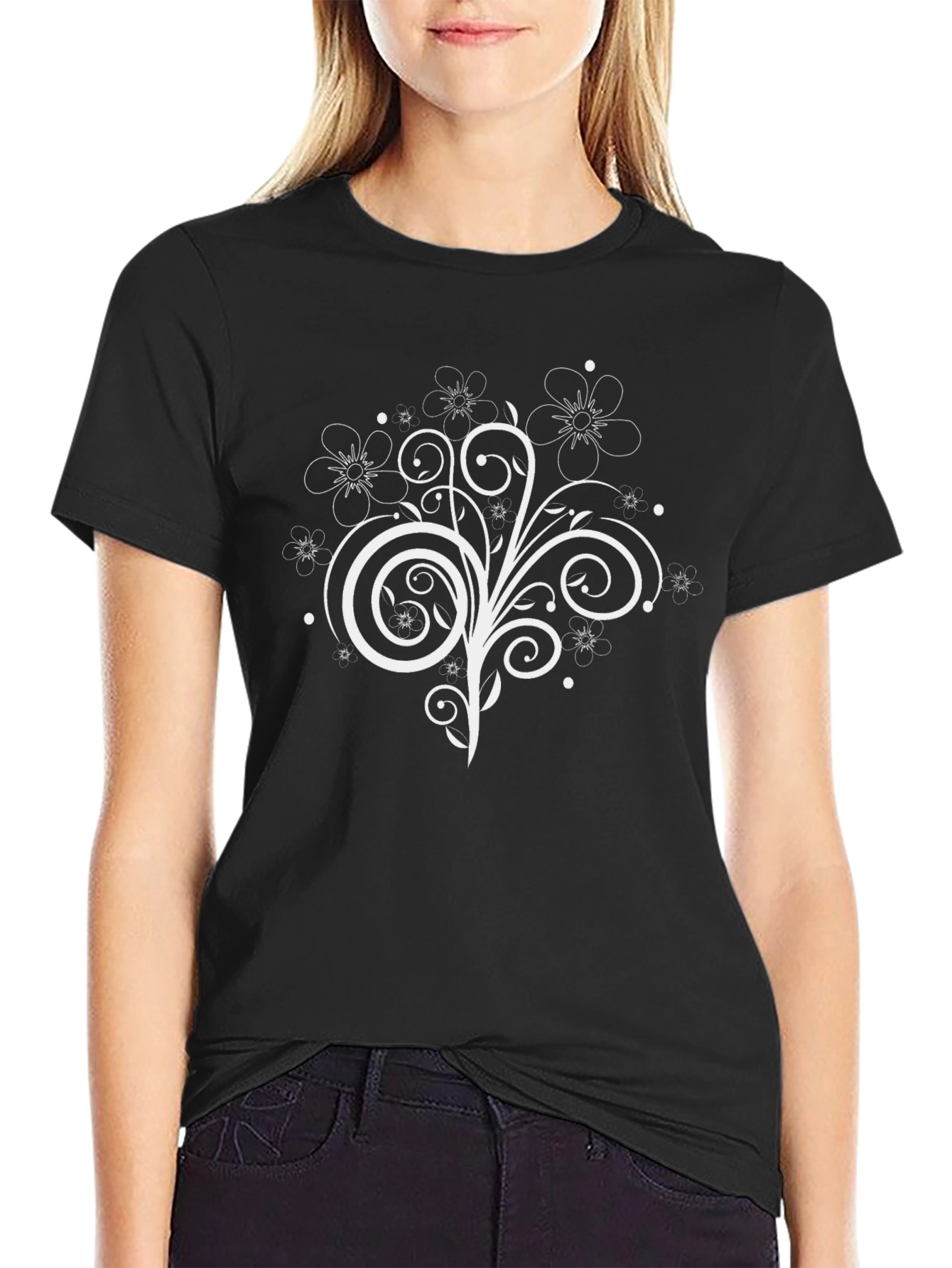 Floral Swirl Graphic Tee - Black Casual Shirt