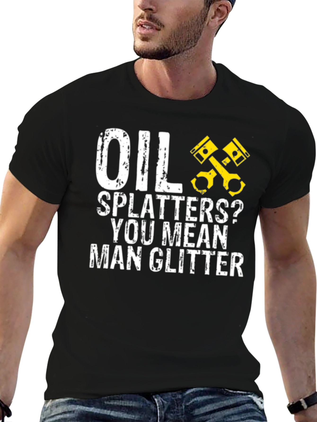Oil Splatters? Man Glitter Black Graphic T-Shirt