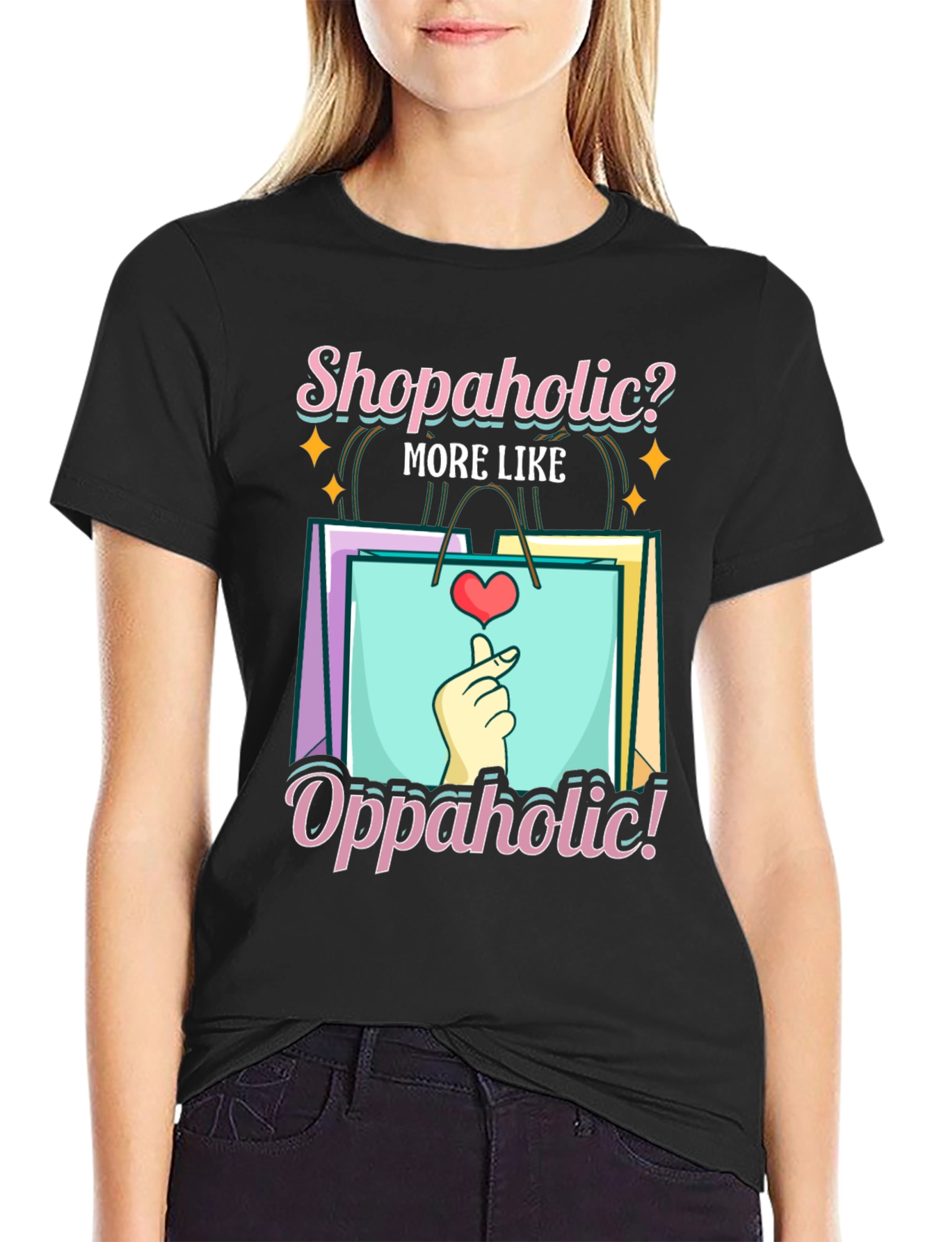 Shopaholic? Oppaholic! Black Graphic Tee