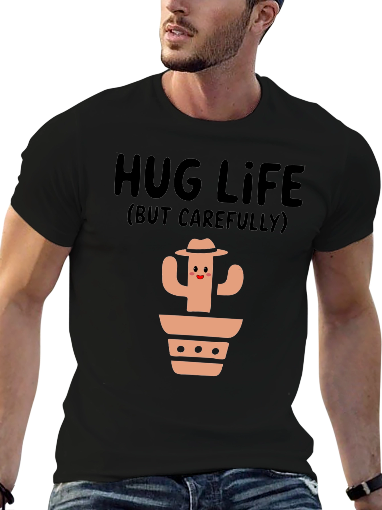 Hug Life Cactus Graphic T-Shirt - Black Cotton Tee