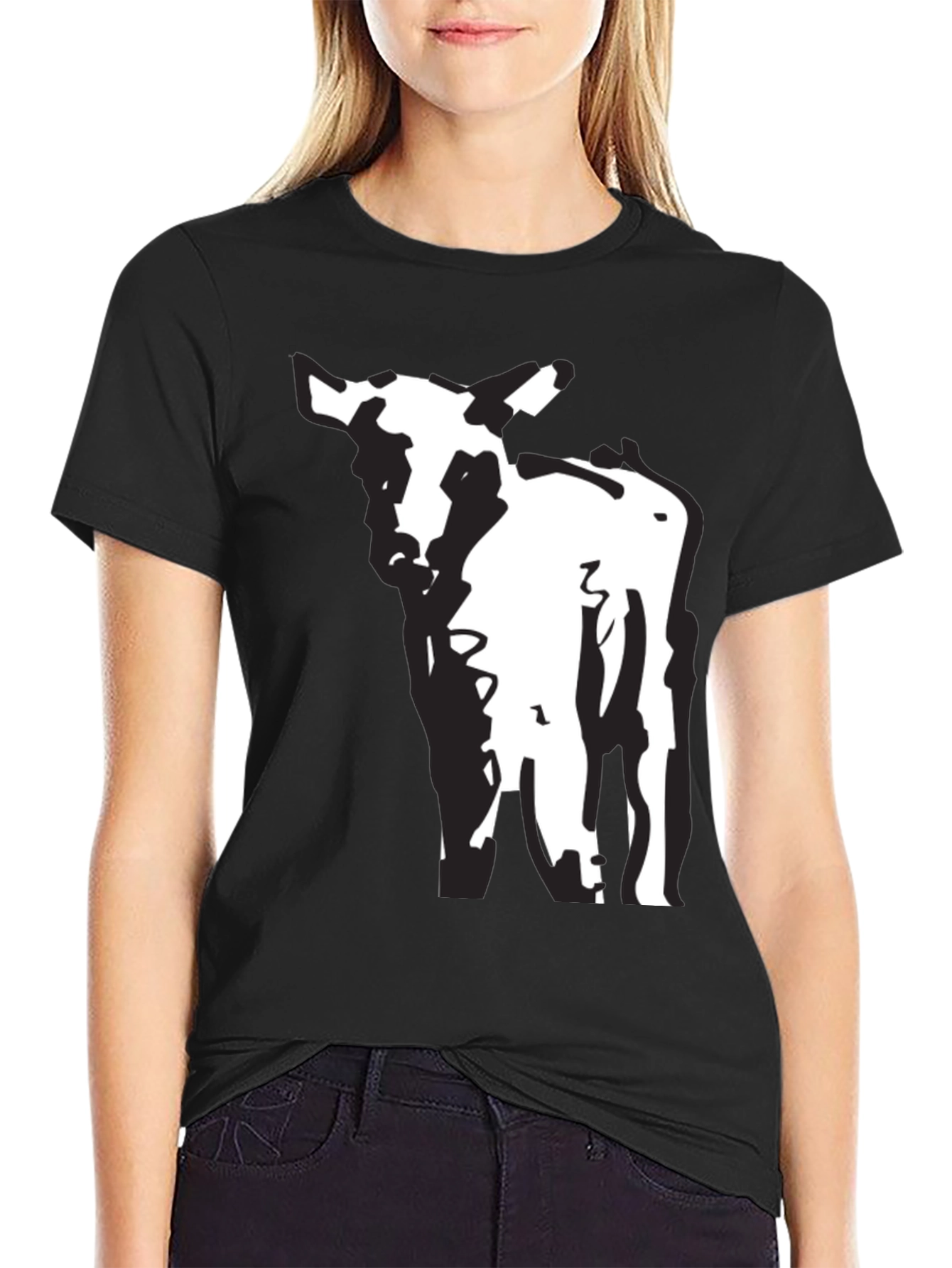 Black T-Shirt with Abstract Cow Design