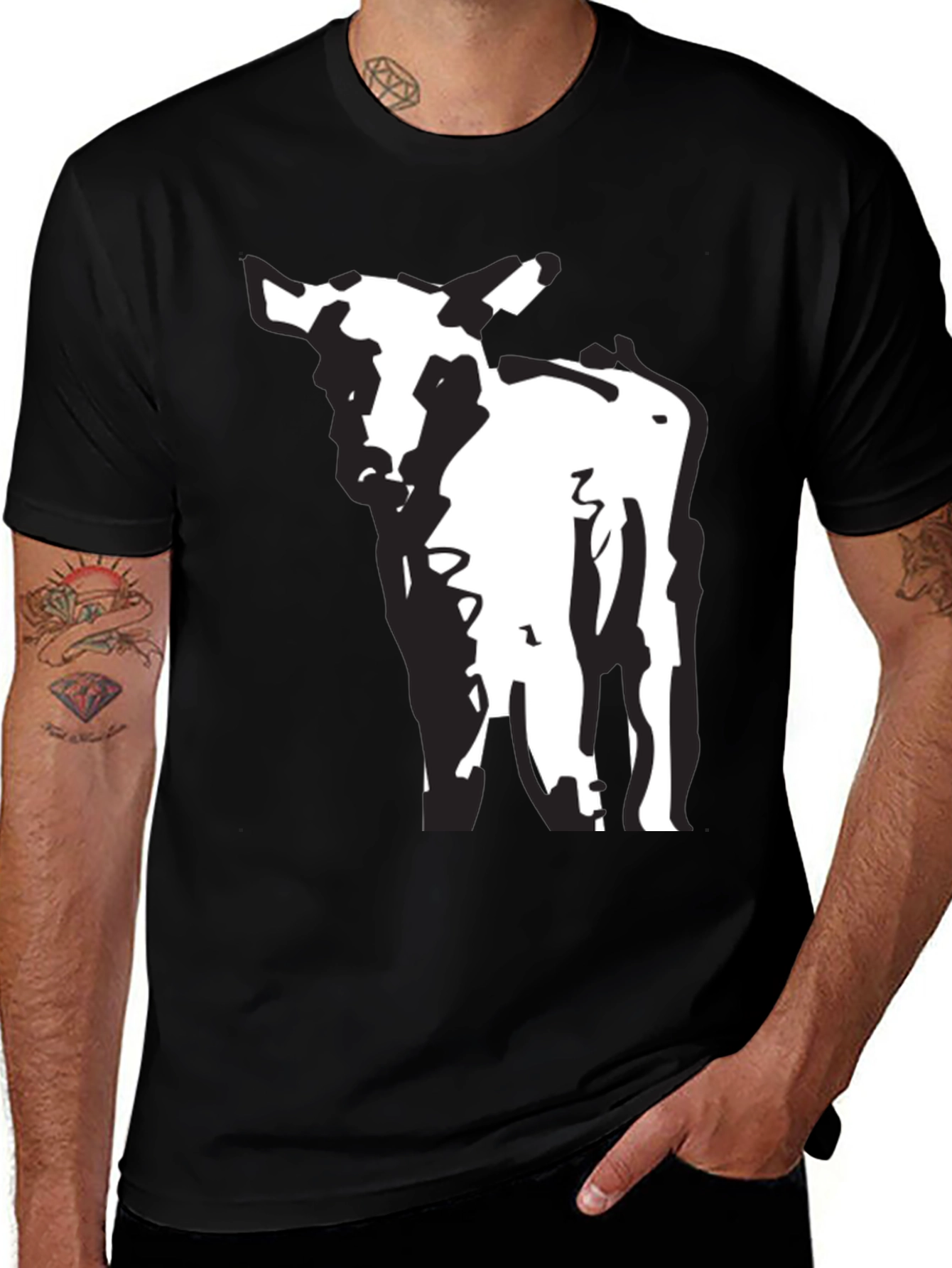 Black T-Shirt with Abstract Cow Design