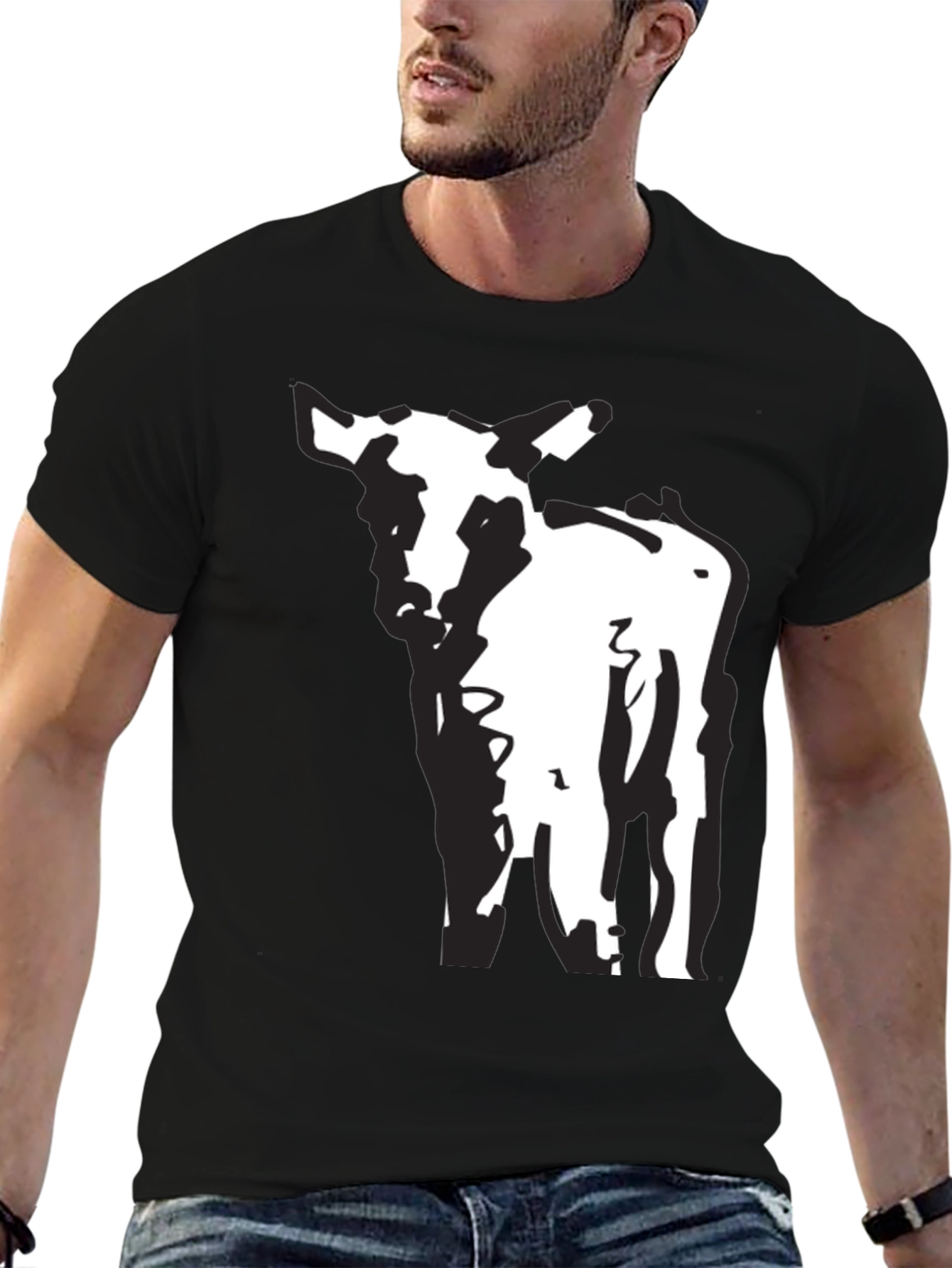 Black T-Shirt with Abstract Cow Design