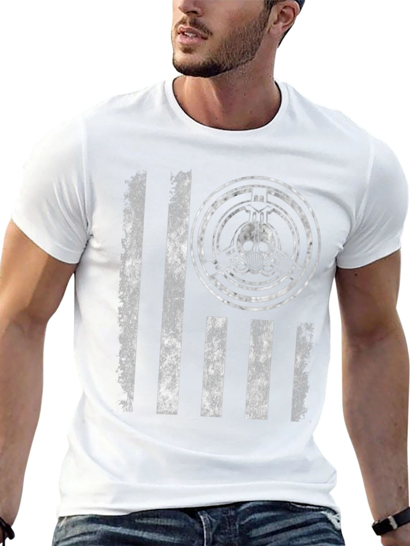 Distressed Flag Skull Emblem Graphic T-Shirt