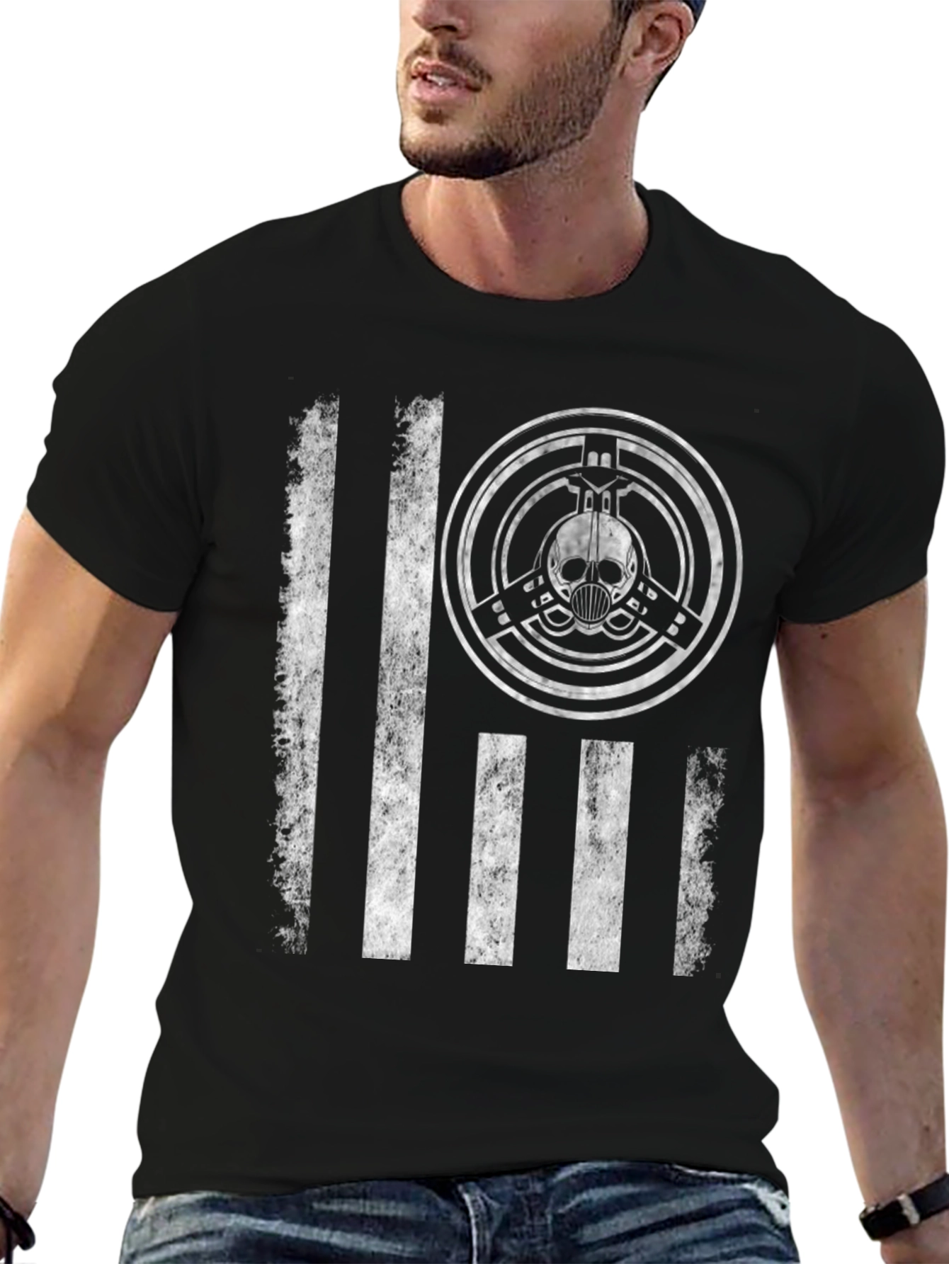 Distressed Flag Skull Emblem Graphic T-Shirt