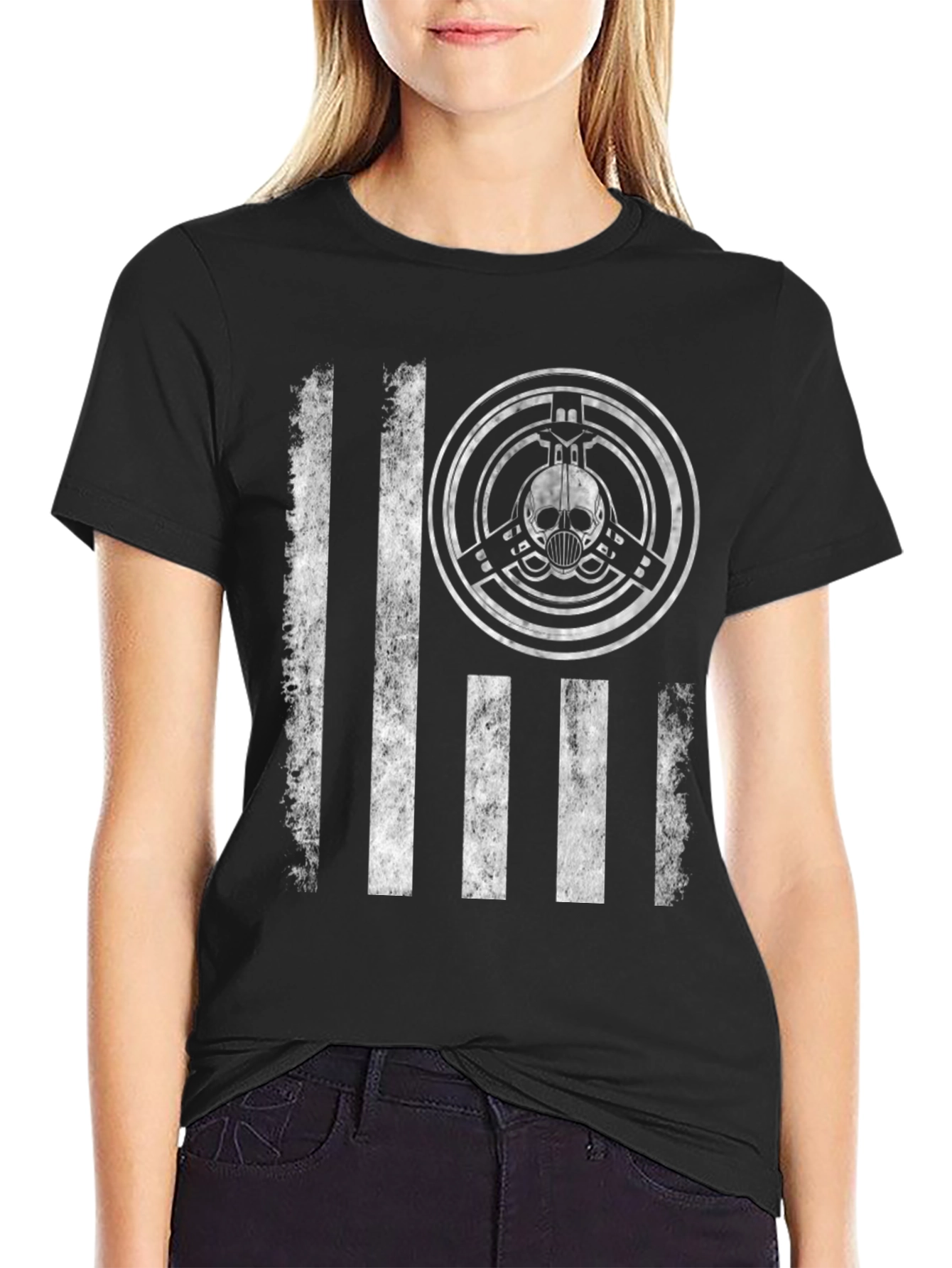 Distressed Flag Skull Emblem Graphic T-Shirt