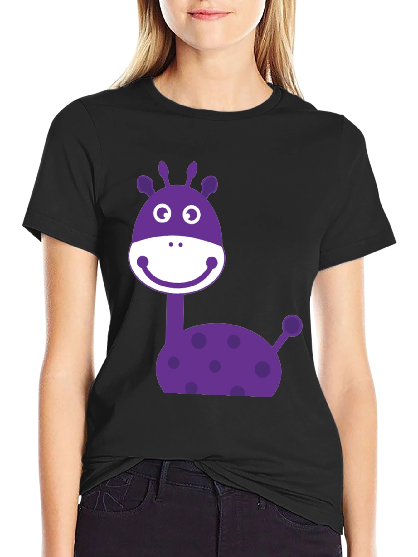 Cartoon Giraffe Graphic Tee - Black Cotton Casual Shirt