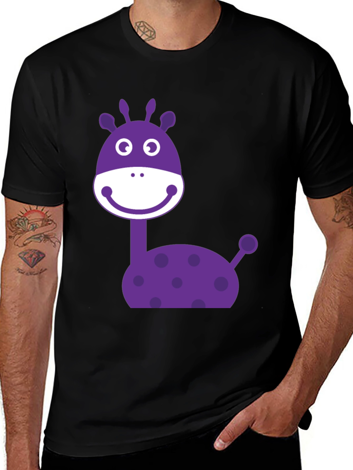 Cartoon Giraffe Graphic Tee - Black Cotton Casual Shirt