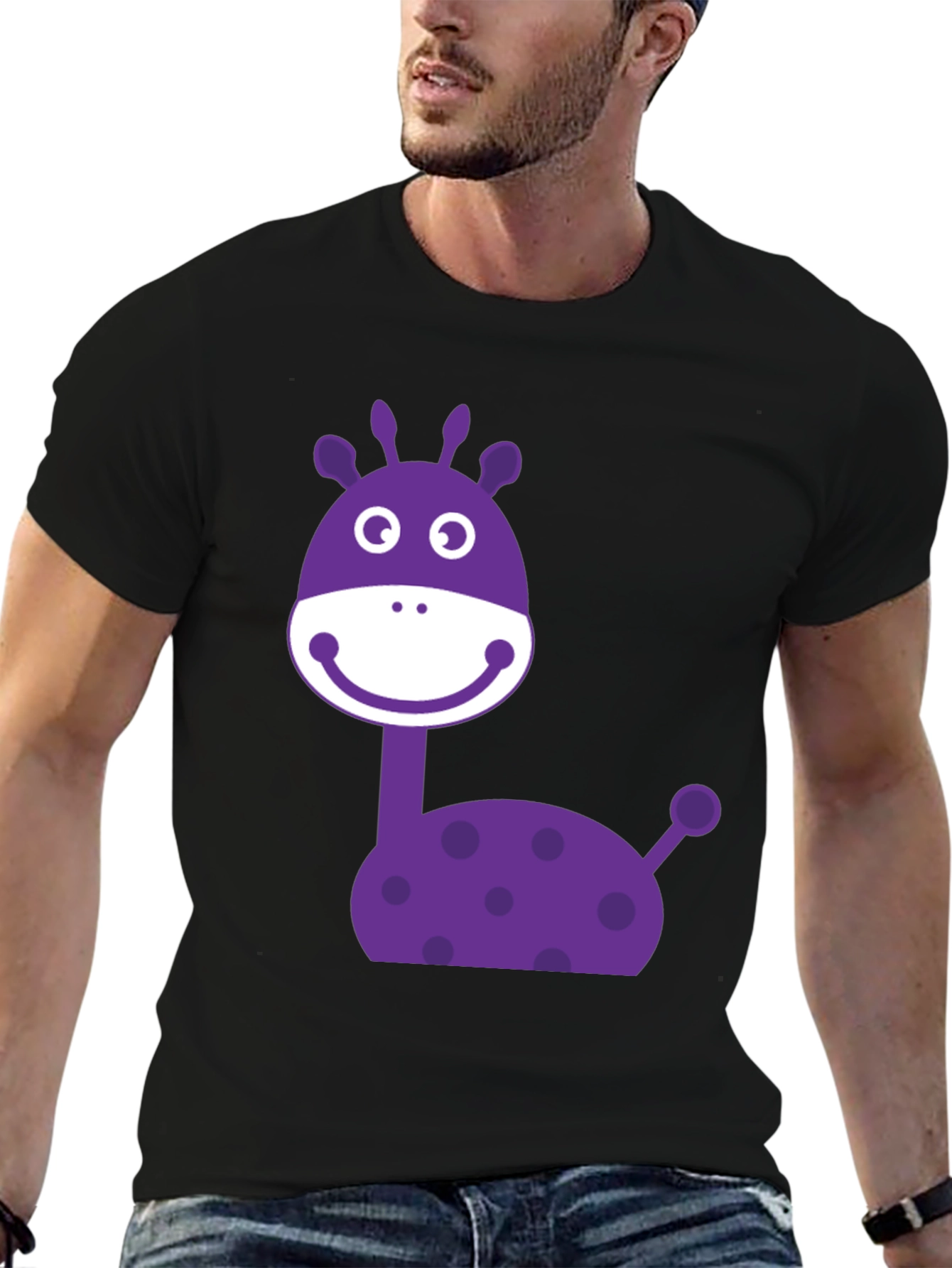 Cartoon Giraffe Graphic Tee - Black Cotton Casual Shirt