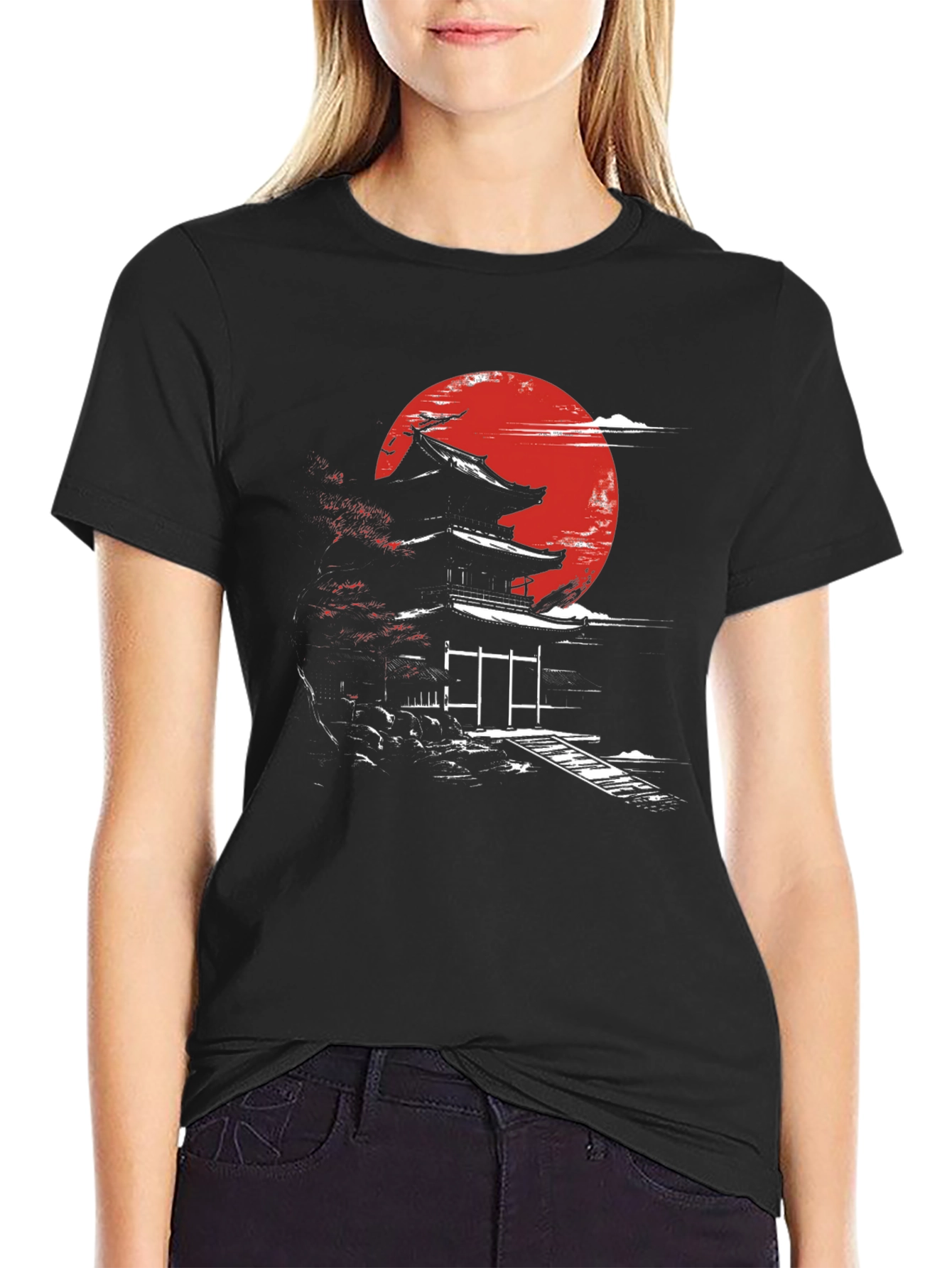 Japanese Temple Moon Graphic T-Shirt