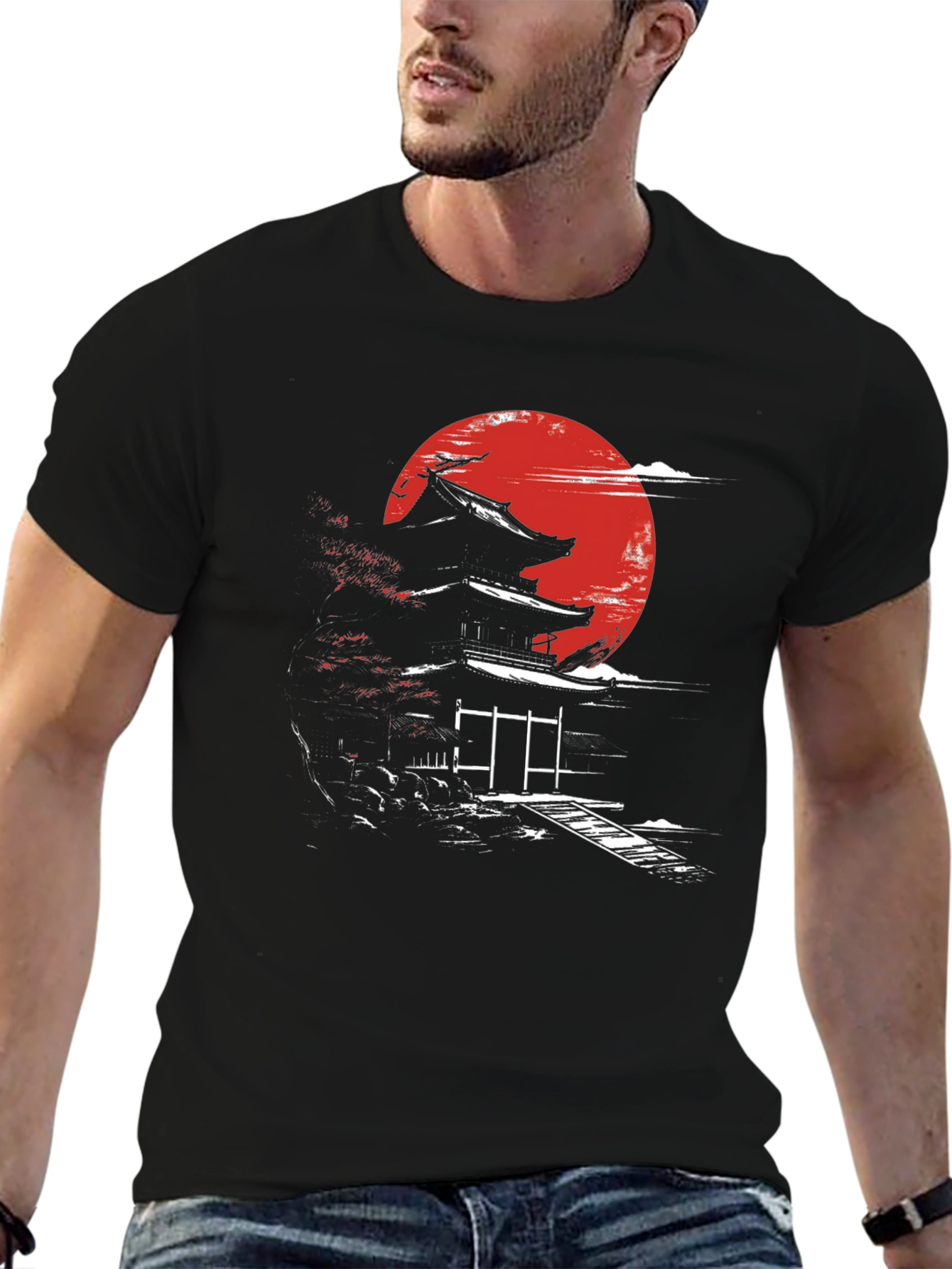 Japanese Temple Moon Graphic T-Shirt