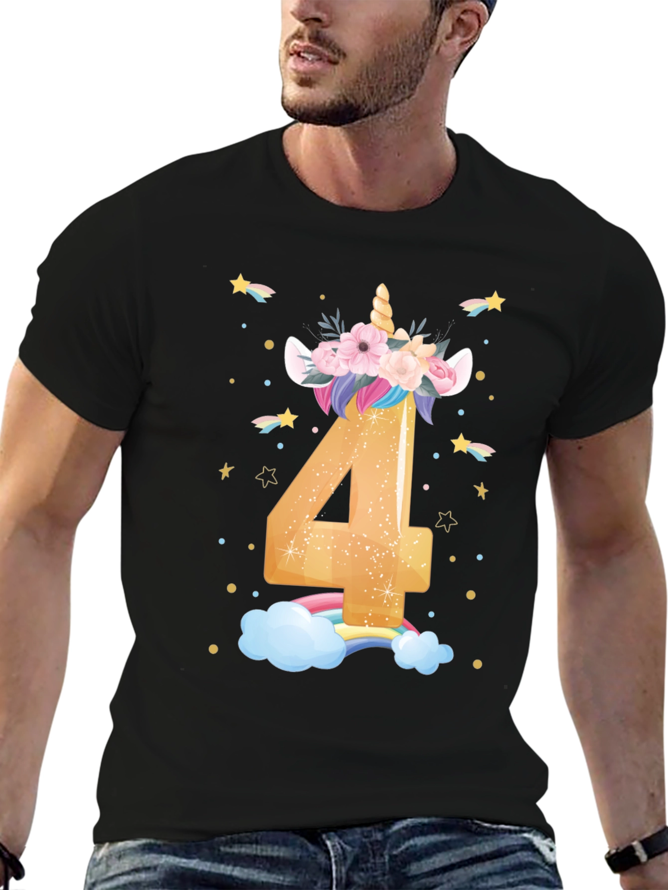 Cute Unicorn 4th Birthday Black T-Shirt
