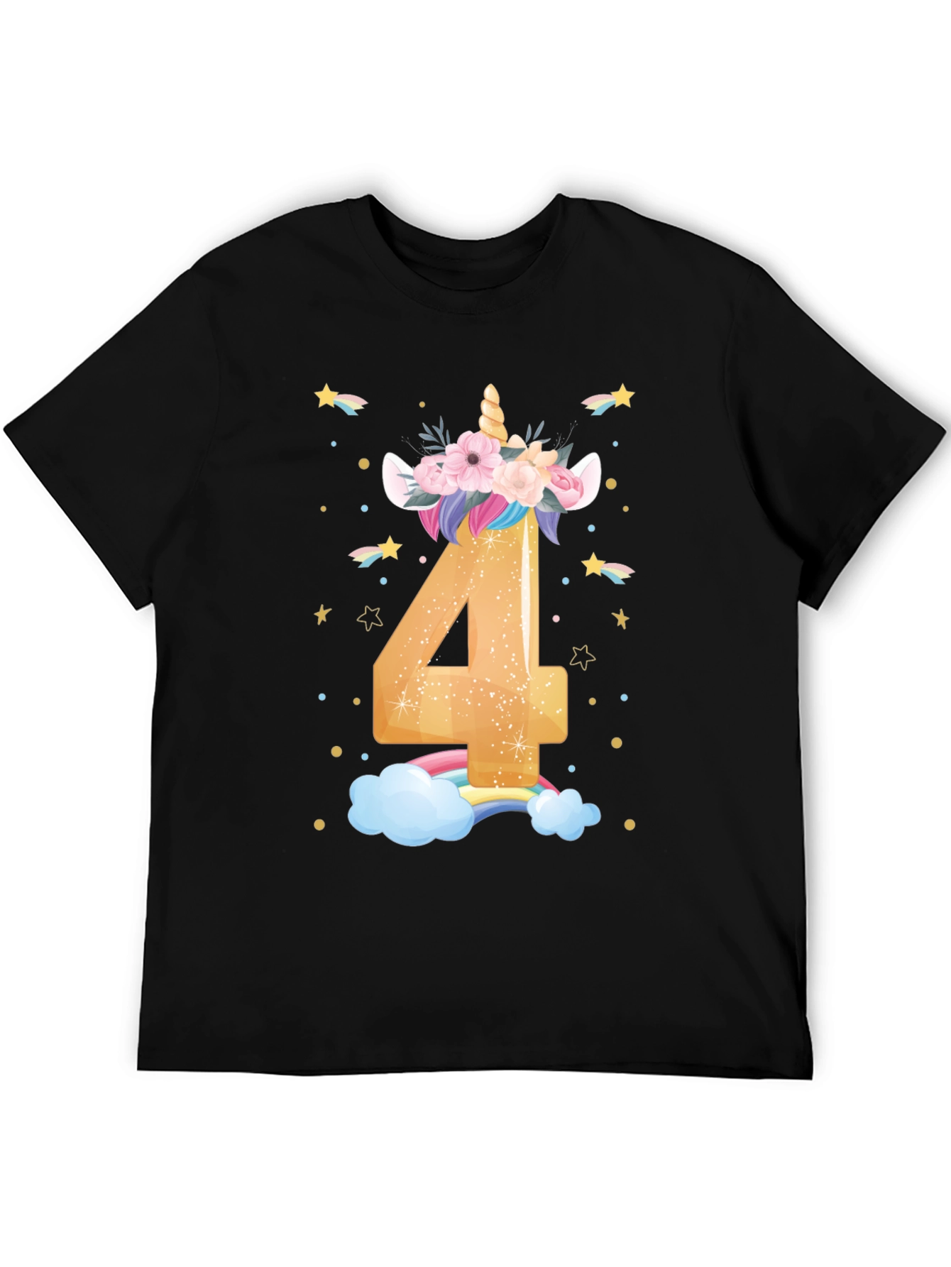Cute Unicorn 4th Birthday Black T-Shirt