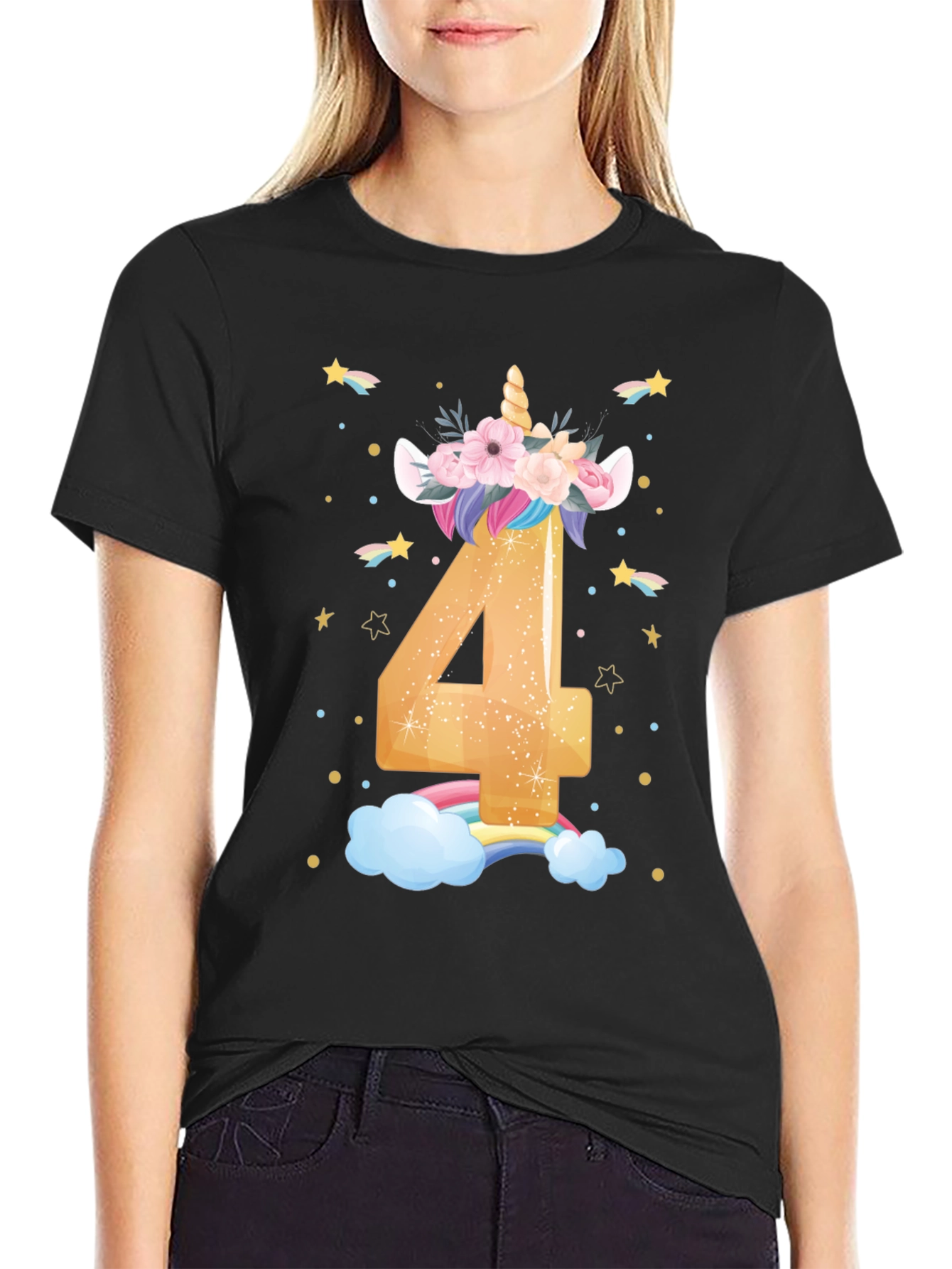 Cute Unicorn 4th Birthday Black T-Shirt