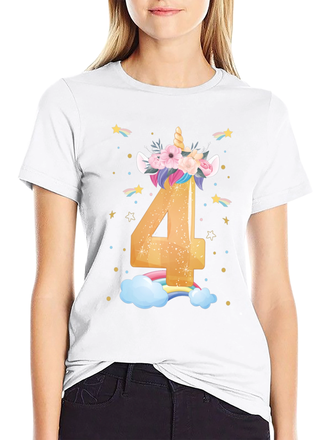 Cute Unicorn 4th Birthday Black T-Shirt