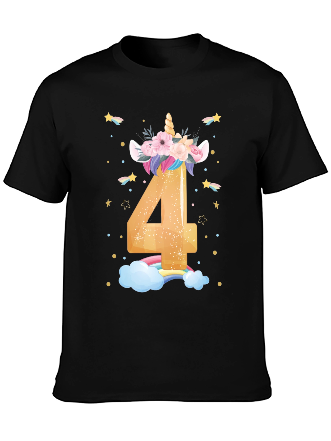 Cute Unicorn 4th Birthday Black T-Shirt