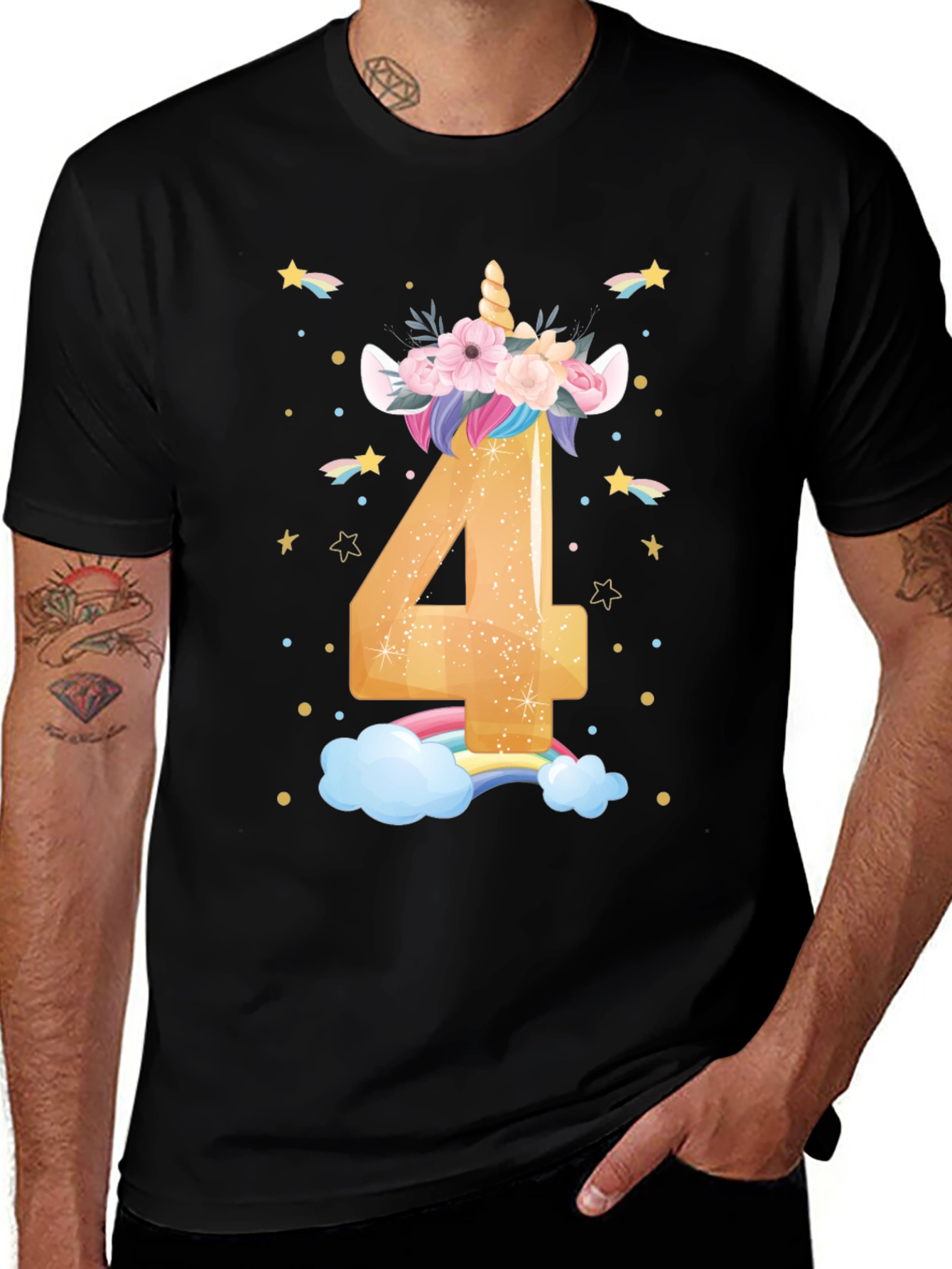 Cute Unicorn 4th Birthday Black T-Shirt