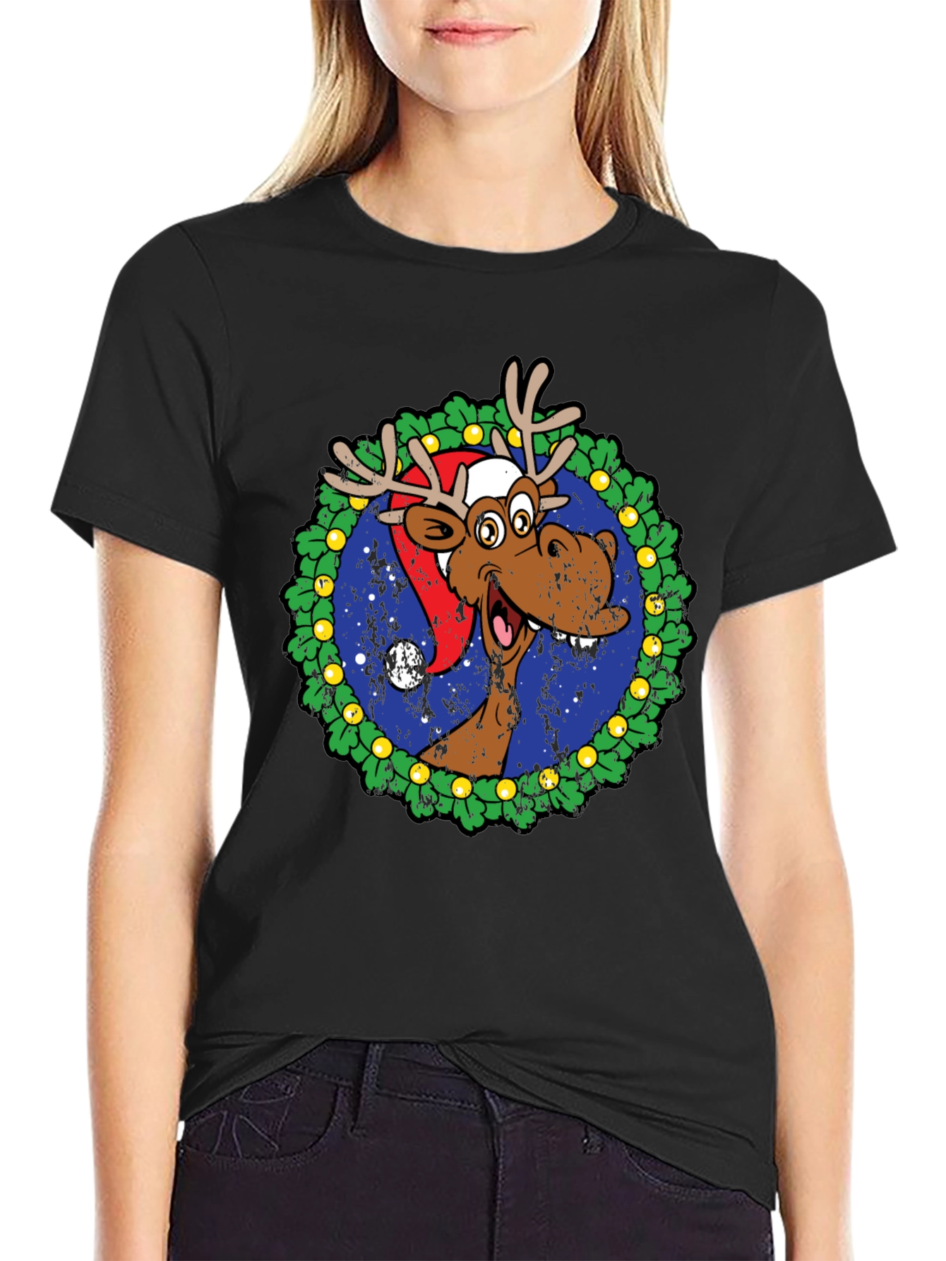 Moose Christmas Wreath Graphic T-Shirt