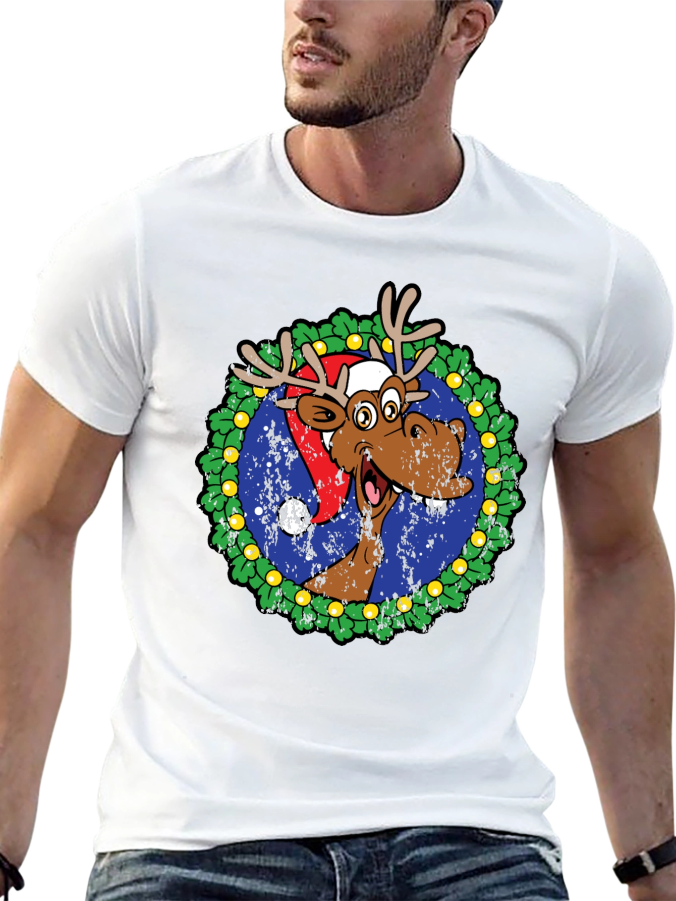 Moose Christmas Wreath Graphic T-Shirt
