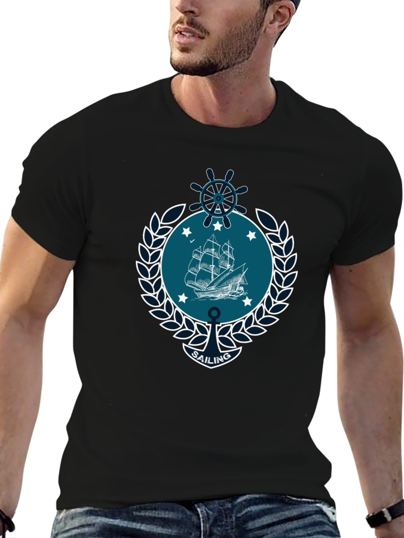 Nautical Sailing Graphic T-Shirt - Black Cotton Tee