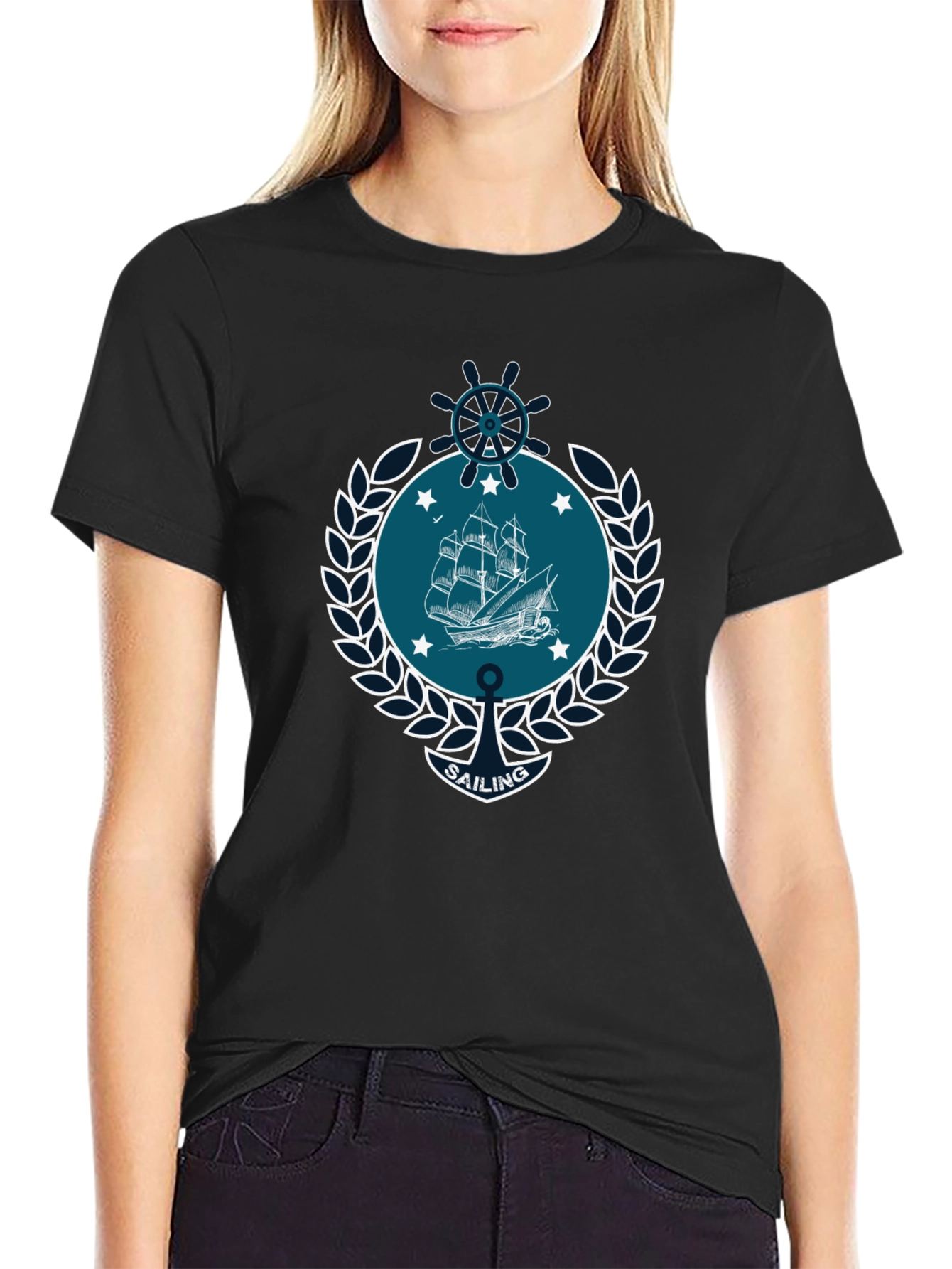 Nautical Sailing Graphic T-Shirt - Black Cotton Tee