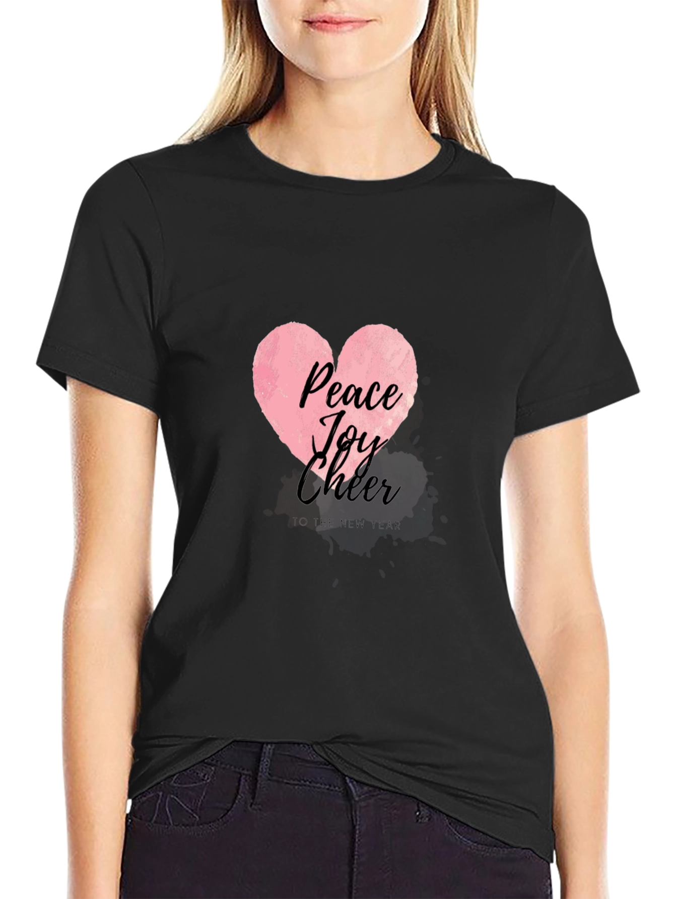 Peace Joy Cheer Heart Graphic Tee - Black