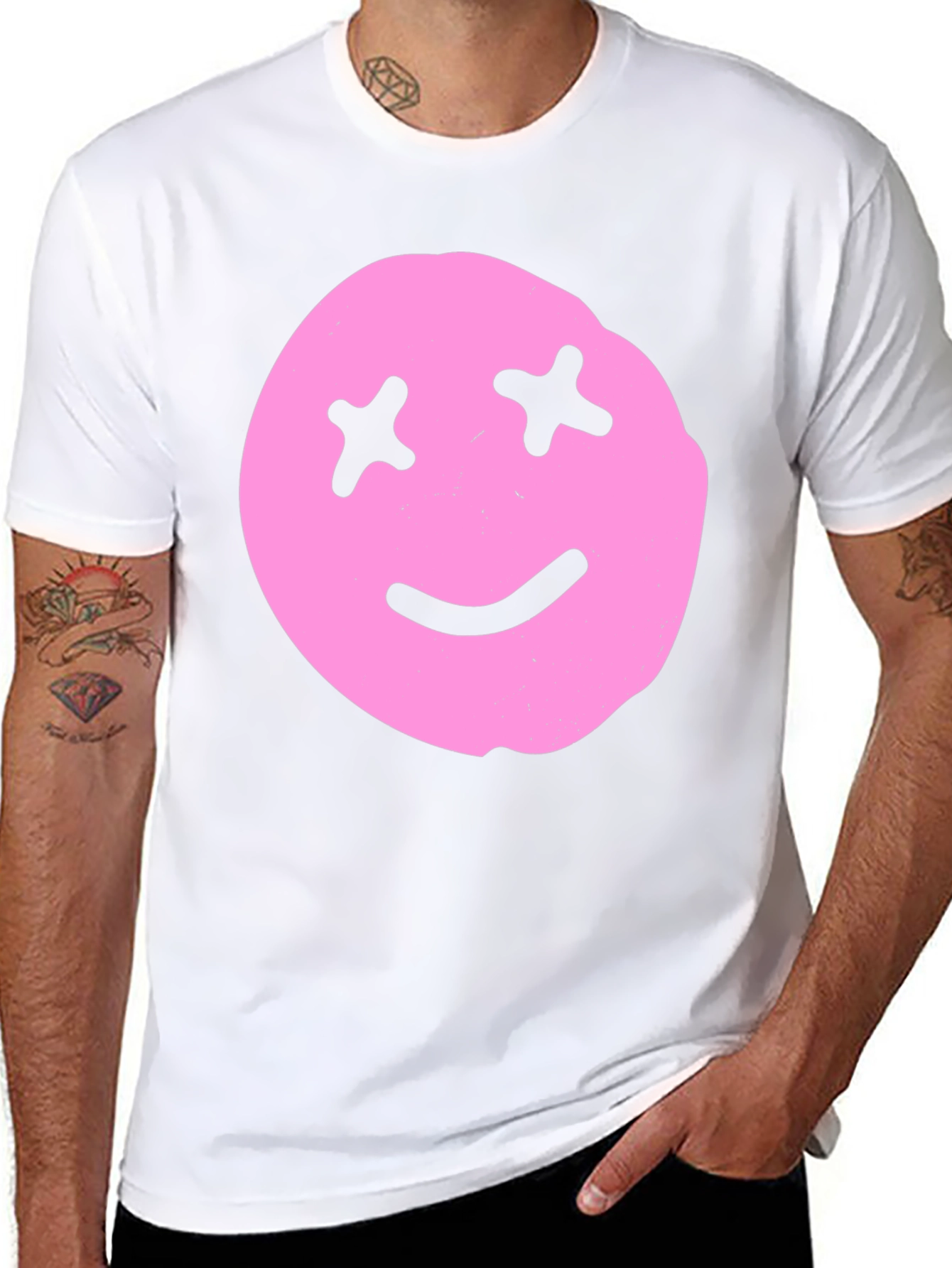Pink Smiley Face Graphic Tee - Black Cotton Blend