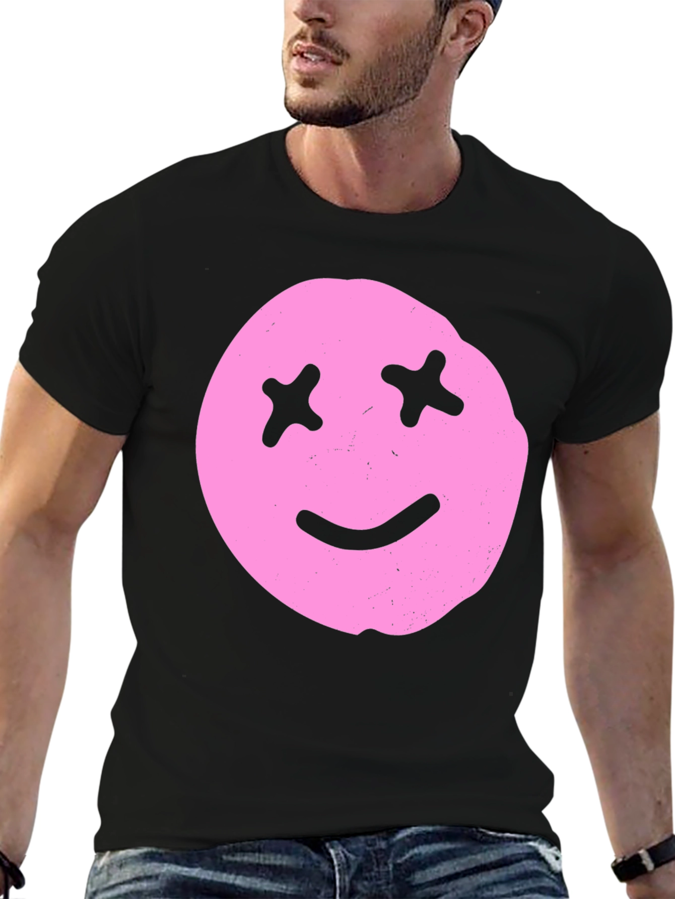 Pink Smiley Face Graphic Tee - Black Cotton Blend
