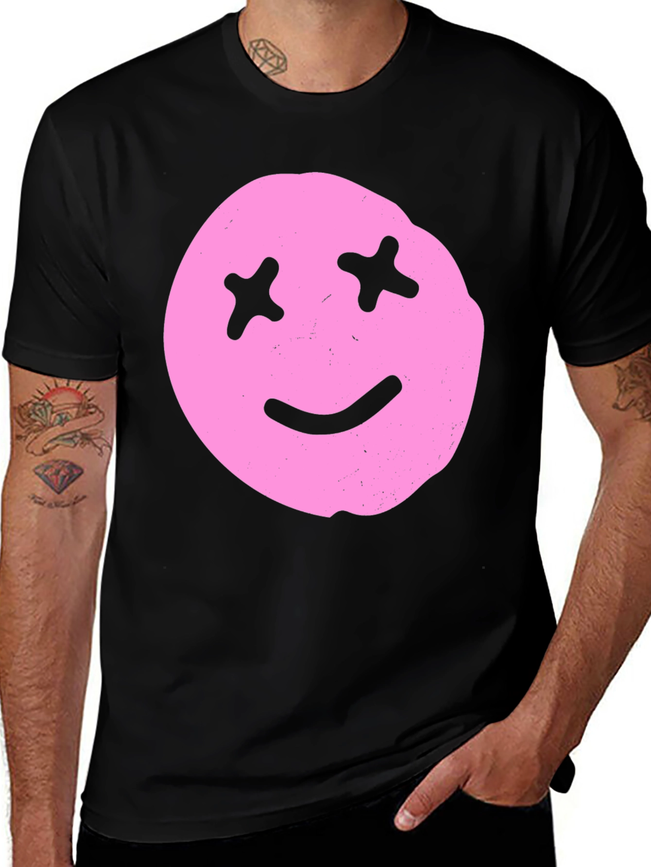 Pink Smiley Face Graphic Tee - Black Cotton Blend