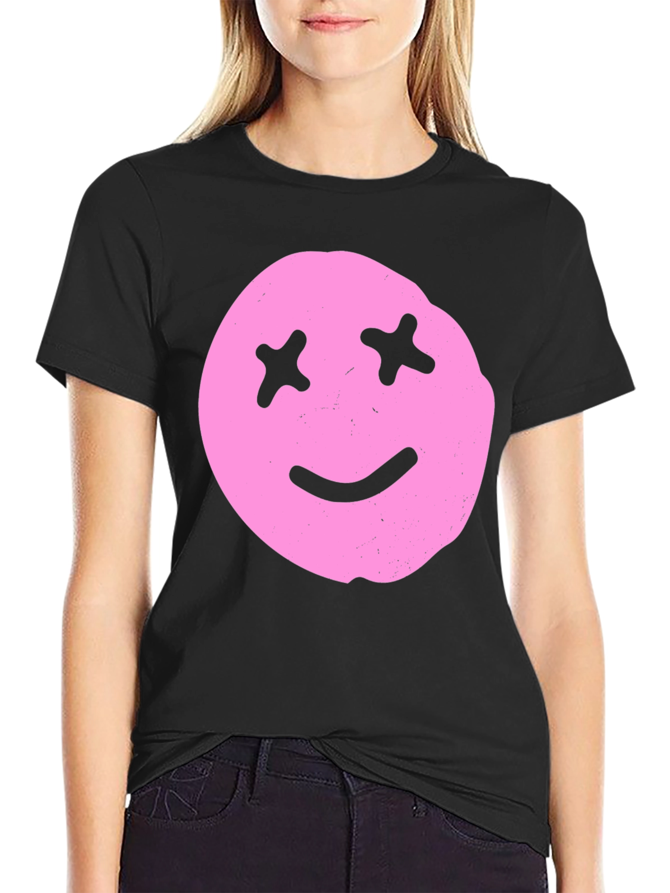 Pink Smiley Face Graphic Tee - Black Cotton Blend