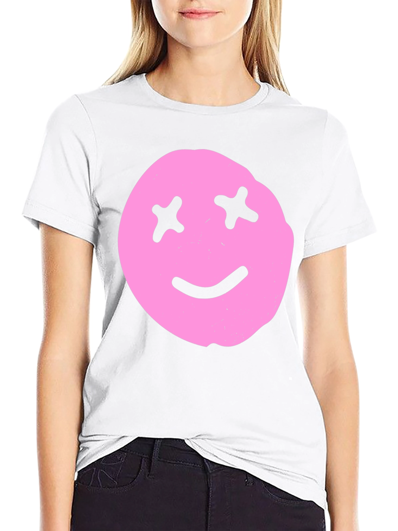 Pink Smiley Face Graphic Tee - Black Cotton Blend